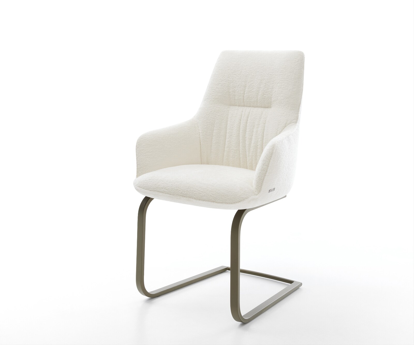 Cantilever Zelia-Flex avec accoudoirs bouclé doux beige pied cantilever plat aspect titane ressorts ensachés