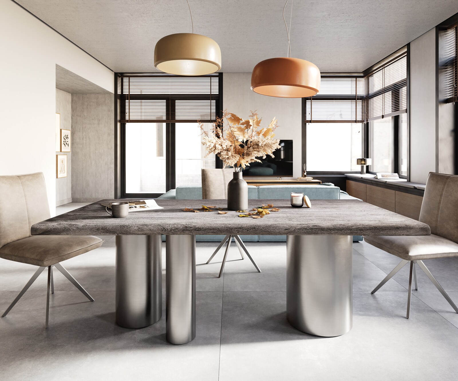 Table à manger Edge 200x100 XL acacia platine Troa acier inoxydable brossé Live-Edge 2