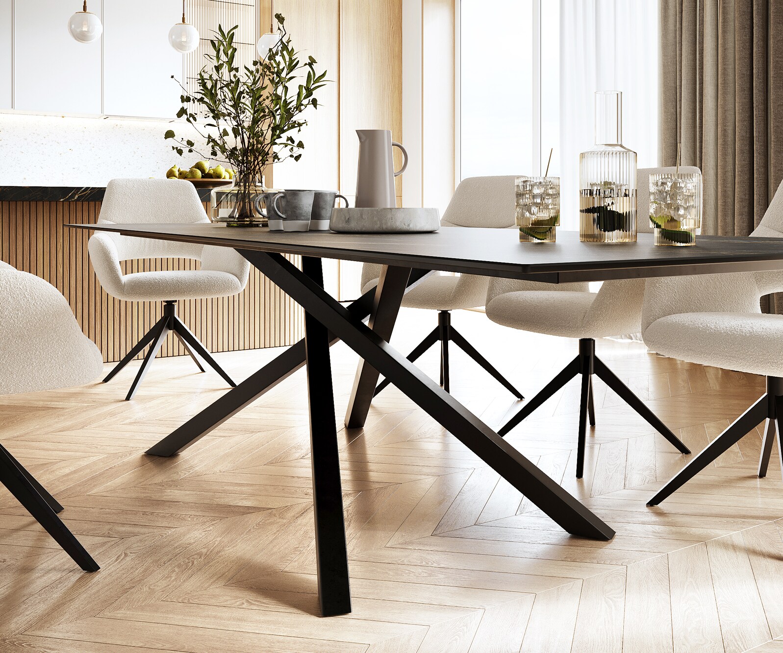 Table-à-manger Edge 300x100cm Laminam® céramique marron pieds milieu croisé noir 4
