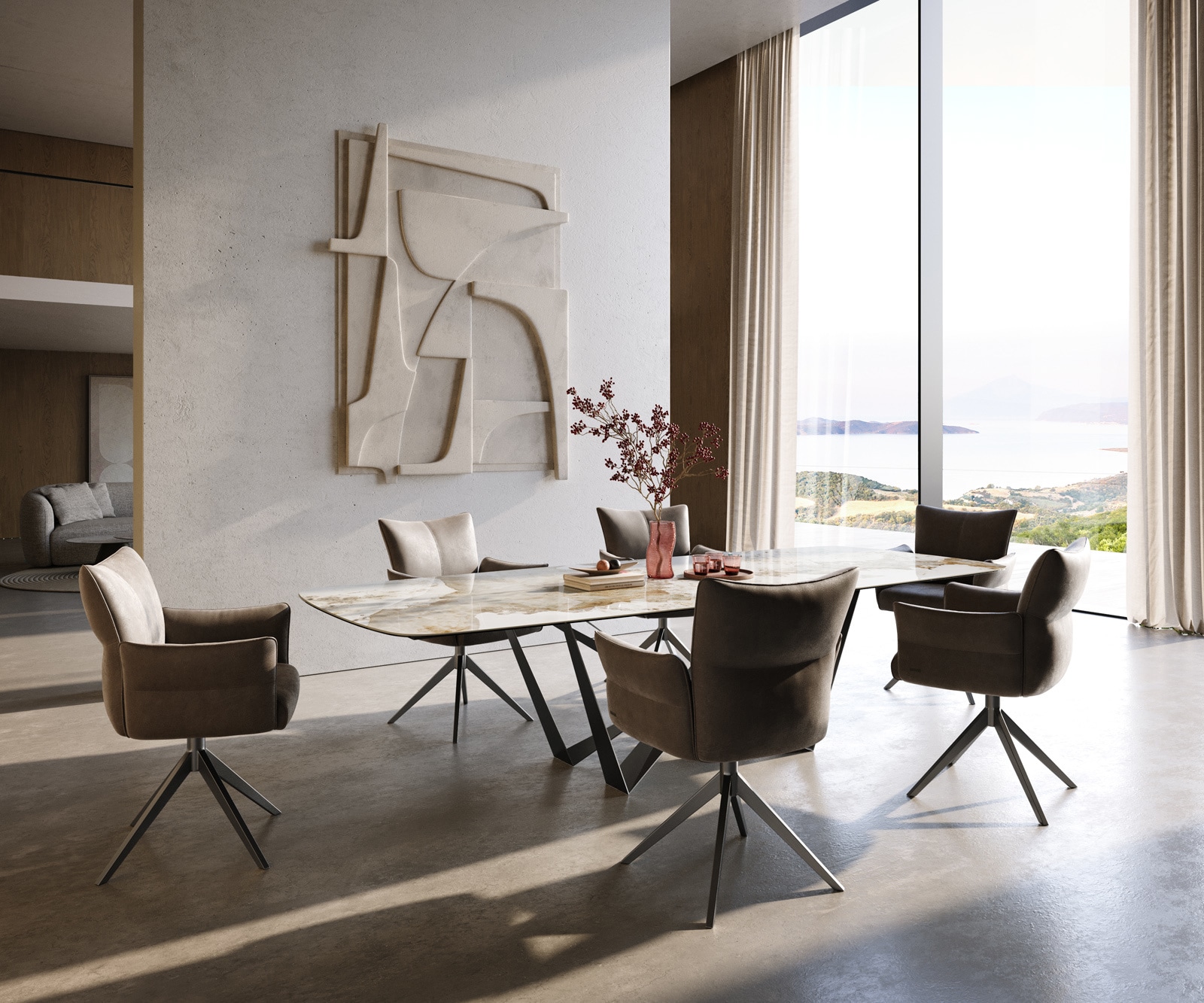 Table à manger Edge Boot 300x120 cm Céramique Minas Melange Blanc-Beige Spider Flachstahl Acier inoxydable Graphite 6