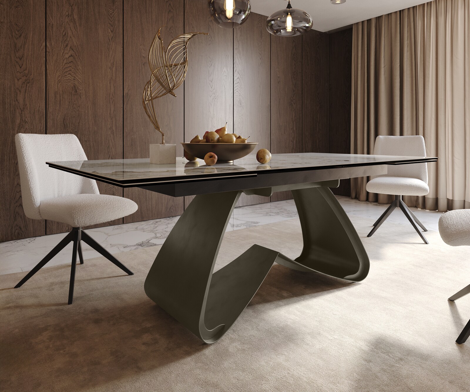 Table à manger Edge 200-300x100 Céramique Minas Melange Blanc-Beige cadre en W Effet Titane Extensible 6