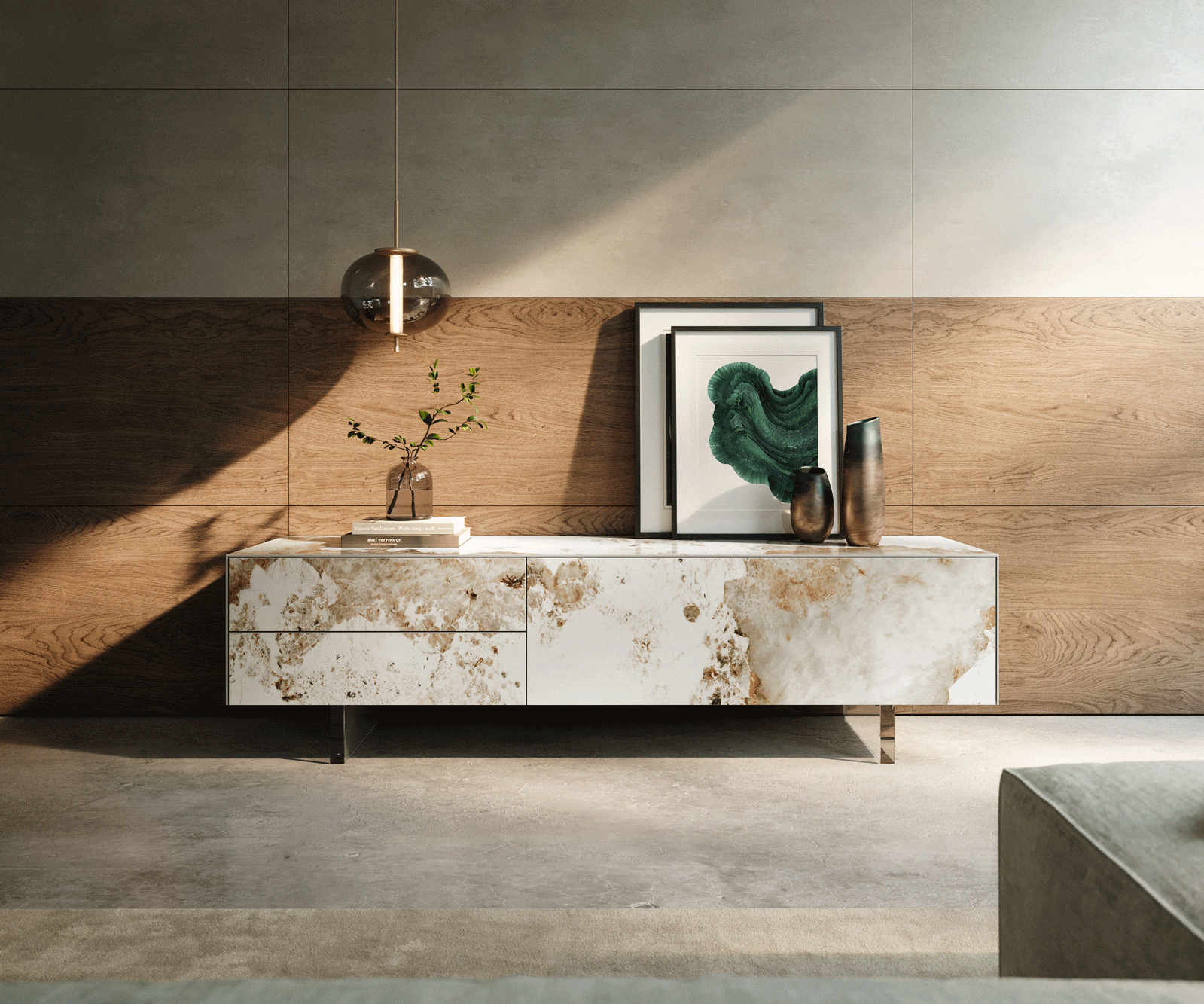 Meuble-TV Cuor 180 cm Céramique Minas Melange Blanc-beige 1 Clapet 2 Tiroirs Pied optique flottant Verre acrylique 1 Meuble-TV Cuor 180 cm Céramique Minas Melange Blanc-beige 1 Clapet 2 Tiroirs Pied optique flottant Verre acrylique 1