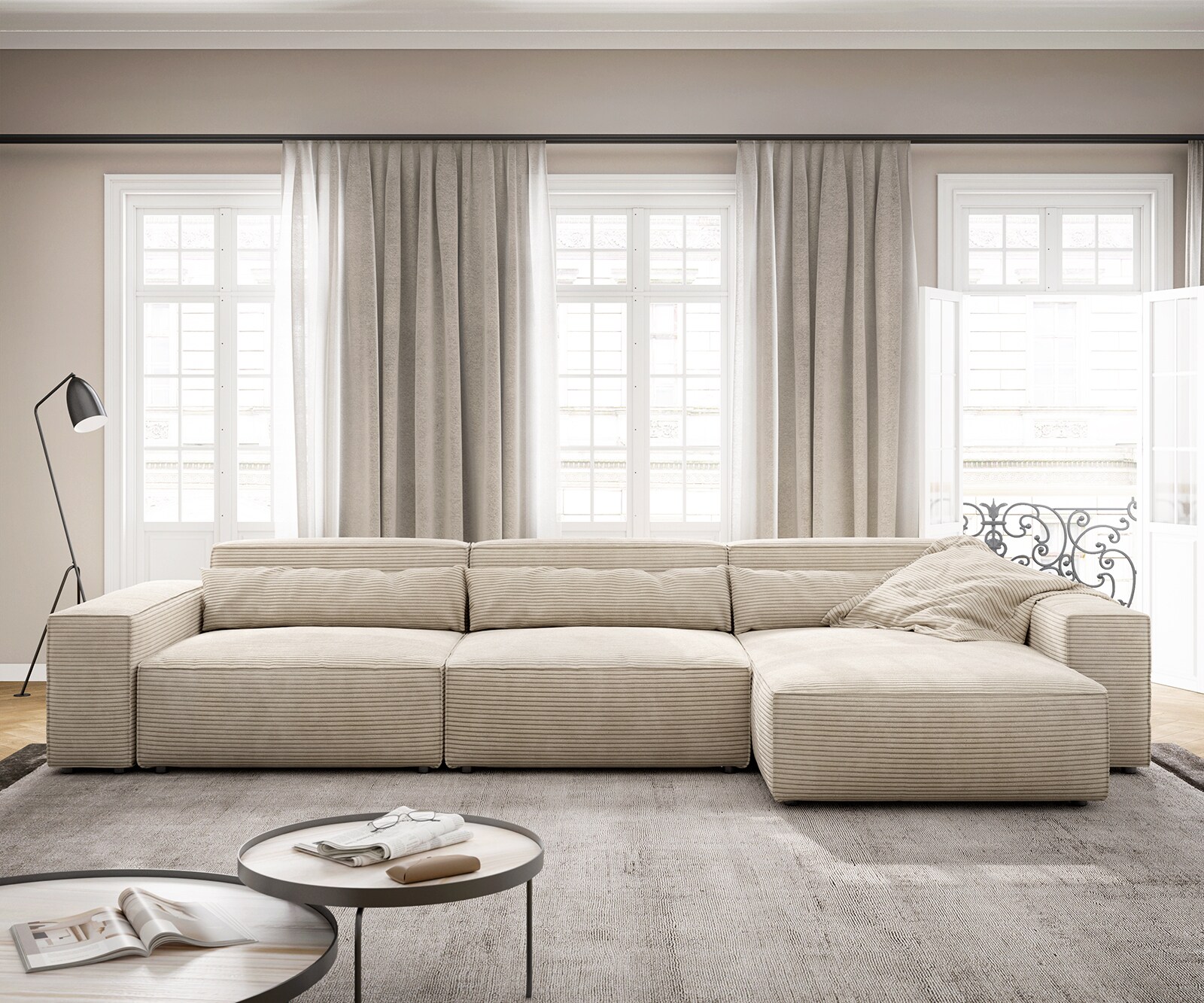 Canapé d'angle Sirpio XL 370x170 cm Velours côtelé Beige Recamiere variable 1