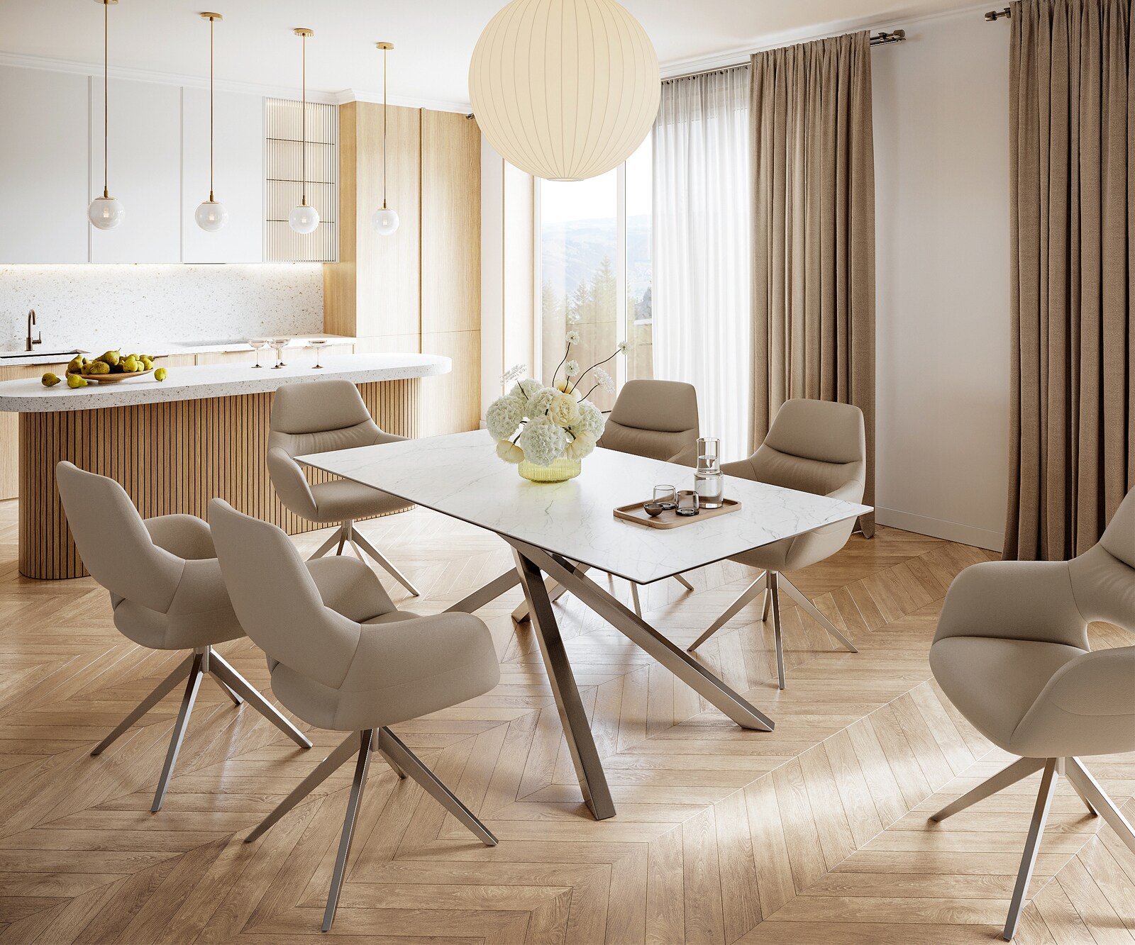 Table-à-manger Edge 200x100cm Laminam® céramique blanc pieds milieu croisé argent 5