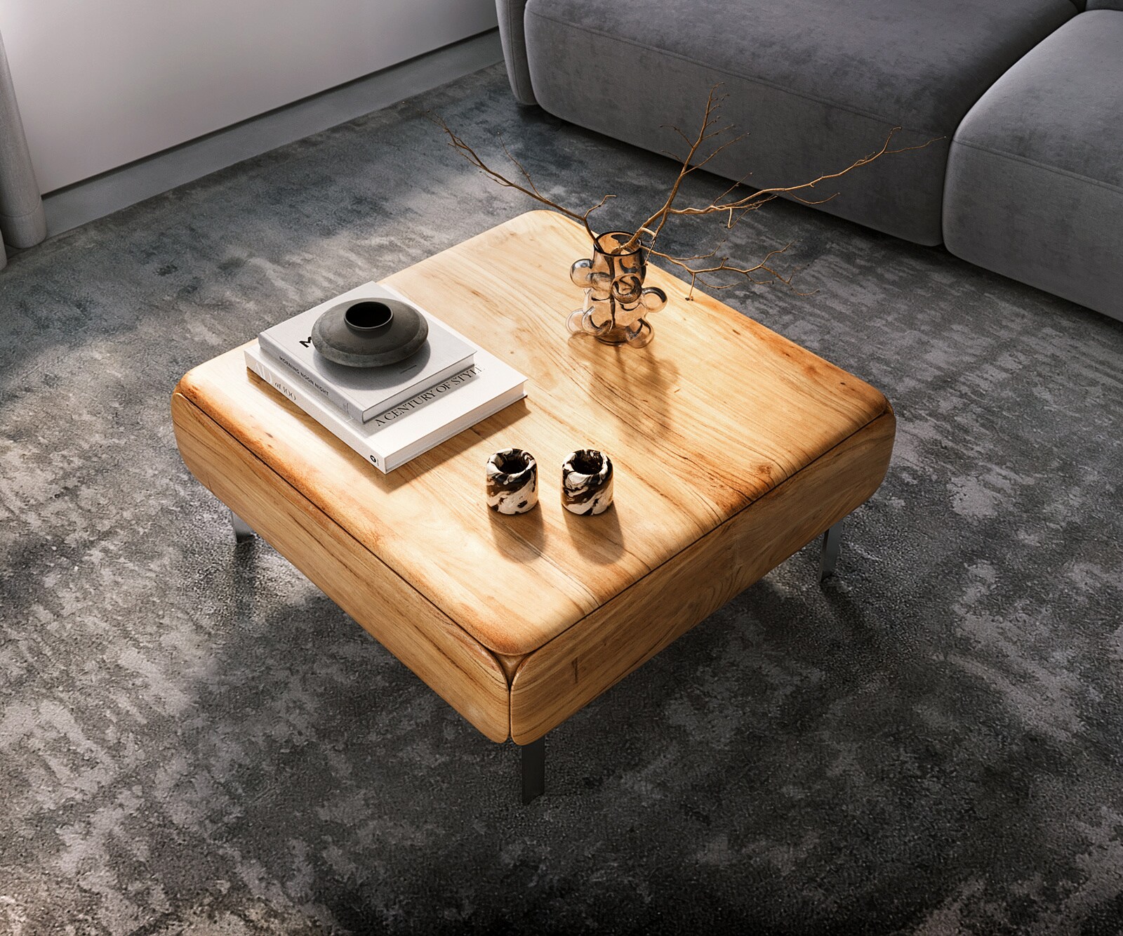 Table-basse Shavani 90x90 cm Acacia naturel 2 portes Pied en L Acier inoxydable argenté 4