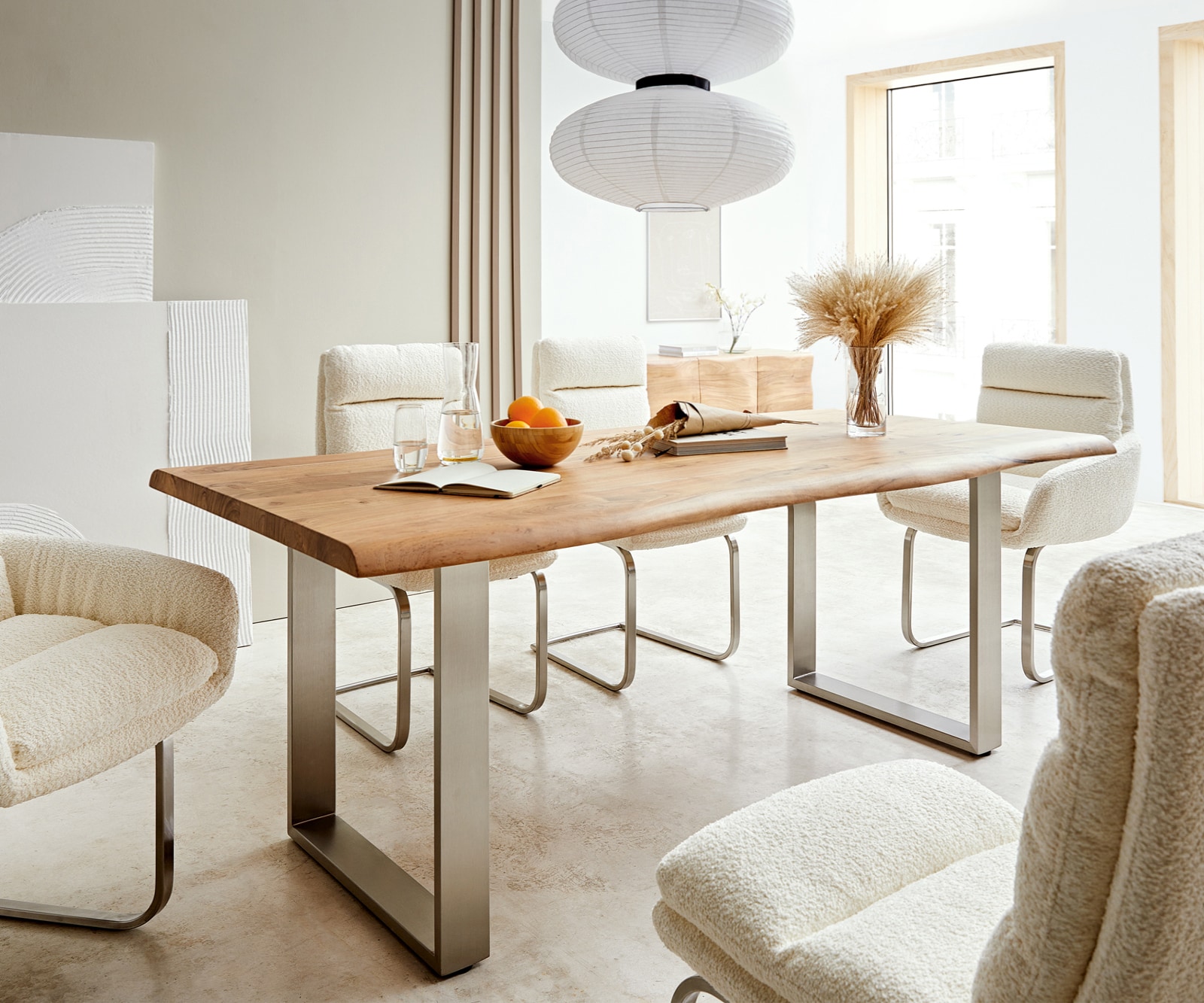 Table-à-manger Edge 180x90 XL acacia nature acier inoxydable mince Live-Edge Table-à-manger Edge 180x90 XL acacia nature acier inoxydable mince Live-Edge