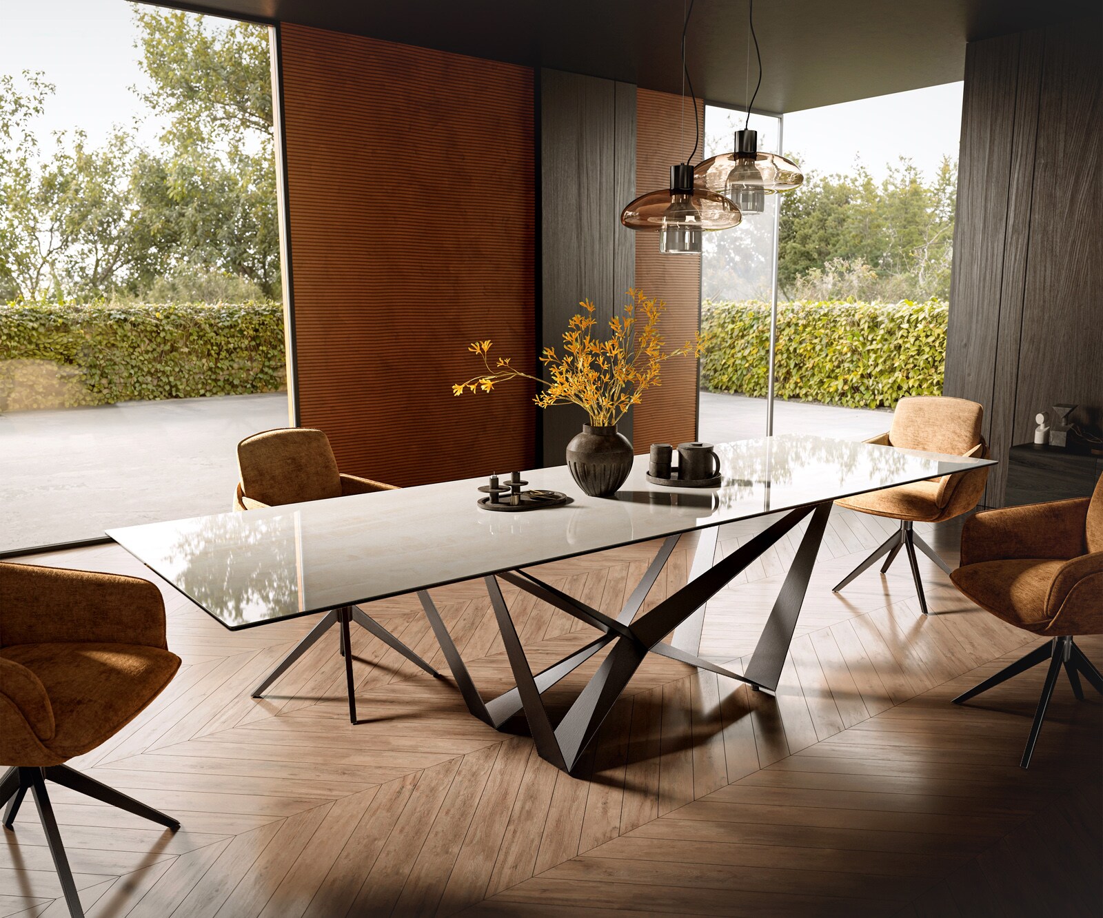 Table à manger Edge 300x100 cm céramique Onyx Champagne Spider acier plat inox graphite 1