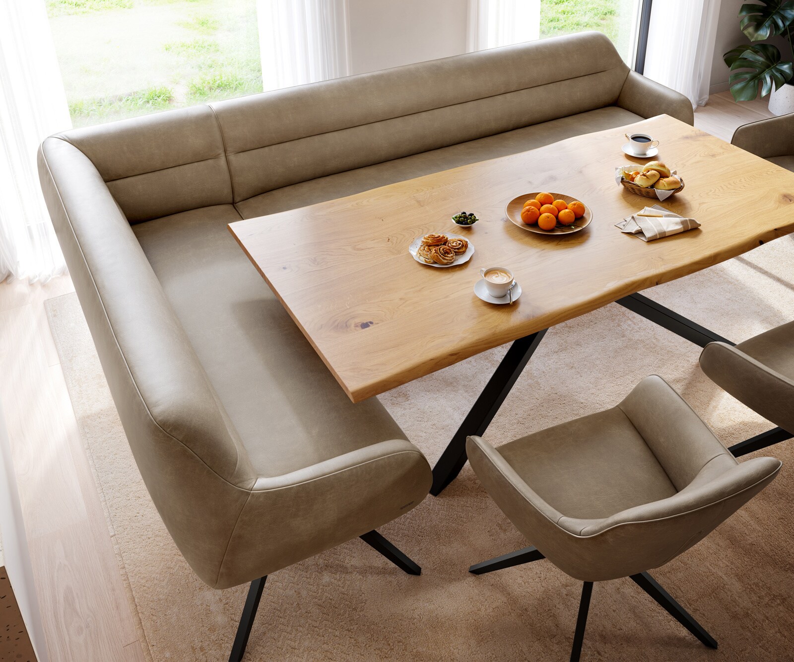 Banc-de-salle-à-manger Taya-Flex 285x190 cm microfibre beige vintage pied croisé angulaire noir ressort ensaché à droite 4