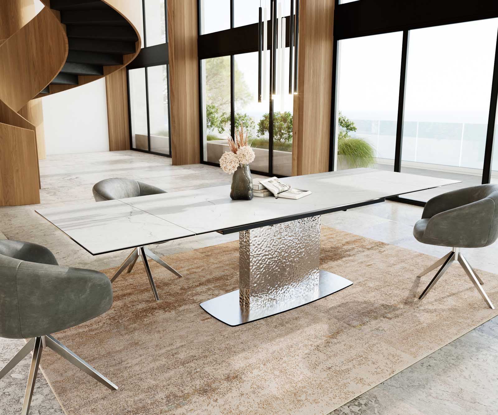 Table à manger Edge 200-300x100 céramique Laminam®Statuarietto blanc Wave acier inoxydable extensible 8