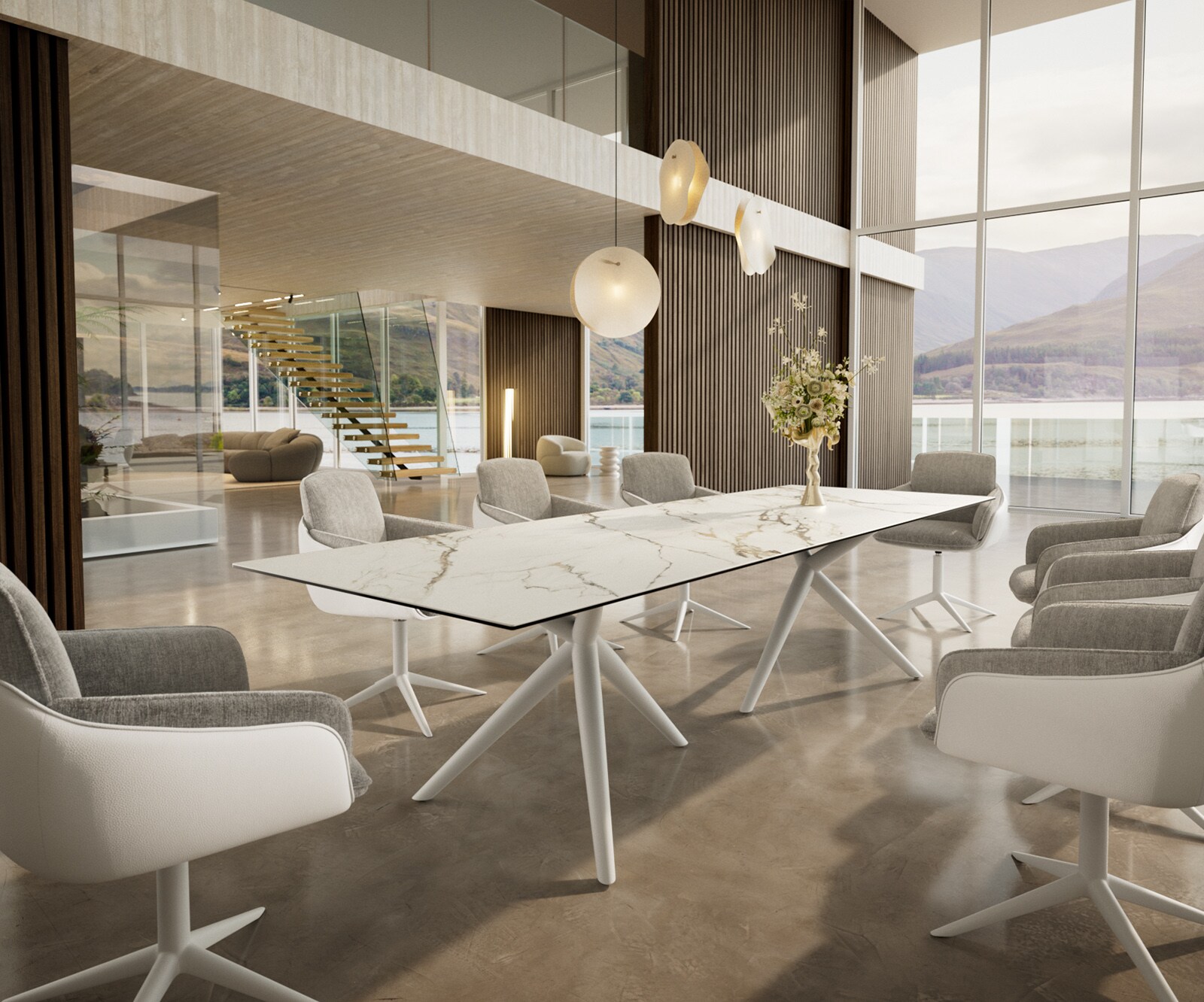 Table à manger Edge 300x100 Céramique Calacatta Luxe Blanc-Doré-Gris Estelar rond Métal Blanc 5