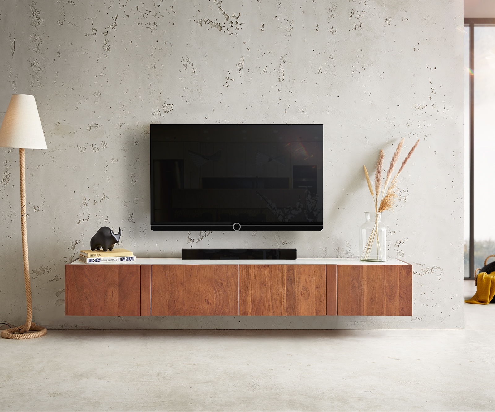 Meuble-TV Secara 200 cm acacia marron 4 portes marbre flottant Meuble-TV Secara 200 cm acacia marron 4 portes marbre flottant