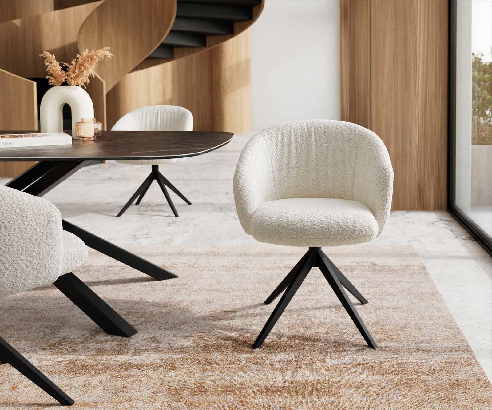 Chaise-pivotante Caja-Flex avec accoudoirs bouclé blanc pied croisé large noir pivotement sur 360° ressorts ensachés 1 Chaise-pivotante Caja-Flex avec accoudoirs bouclé blanc pied croisé large noir pivotement sur 360° ressorts ensachés 1