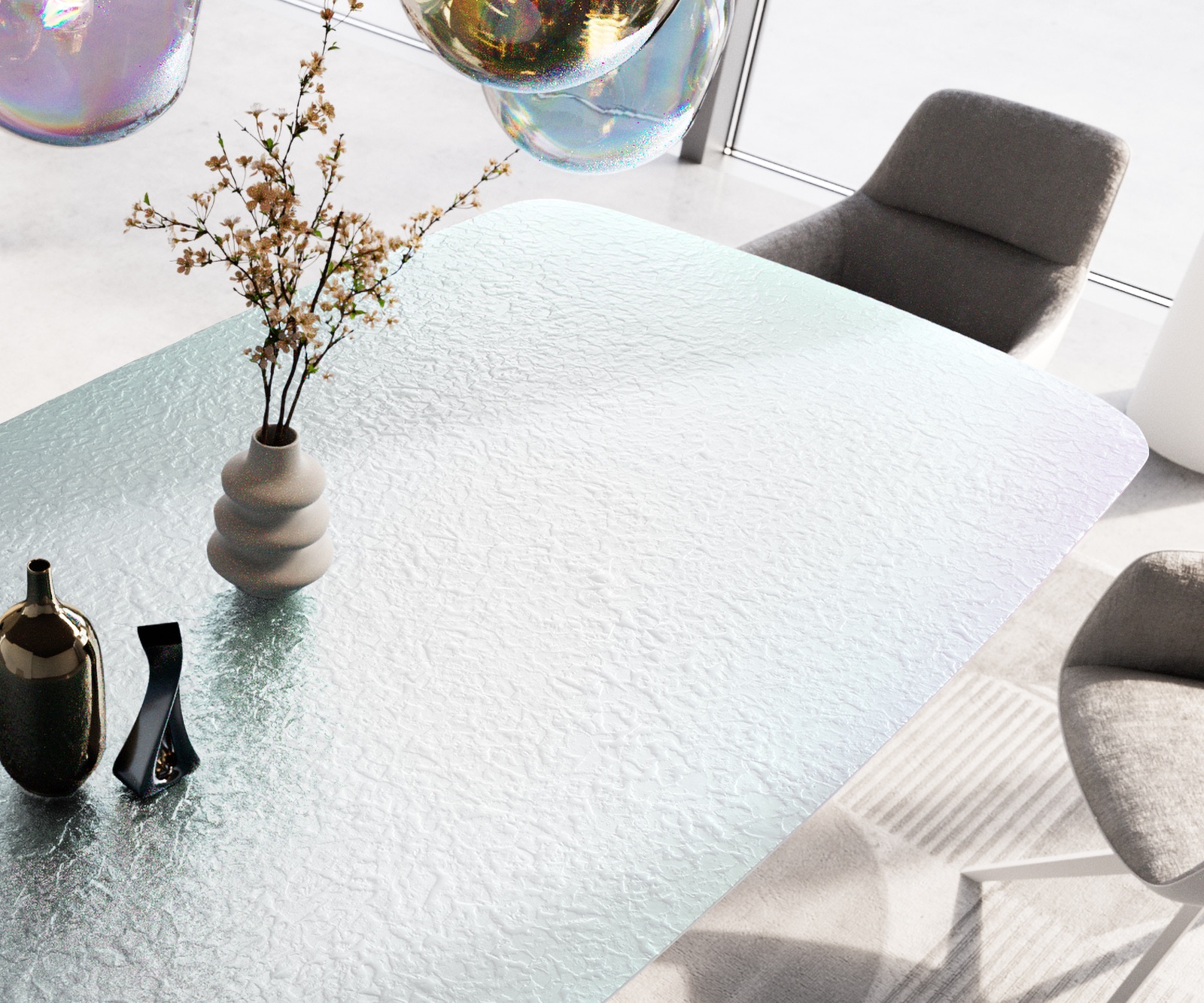 Table à manger Edge Boot 240x120 verre en relief Perlmutt 3D-Design Pilier métal blanc 5