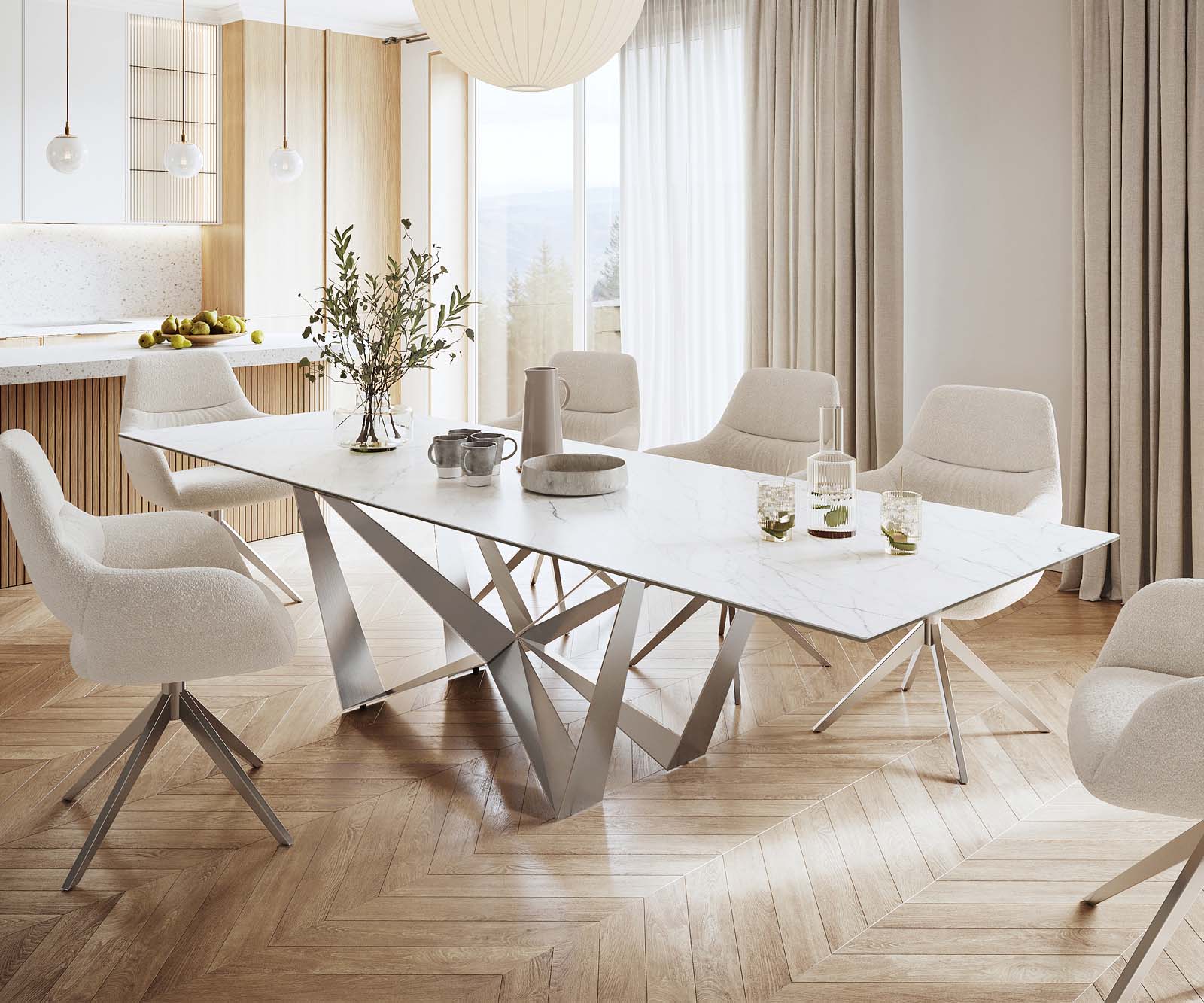 Table-à-manger Edge 300x100cm Laminam® céramique blanc pieds milieu acier plat argent 1