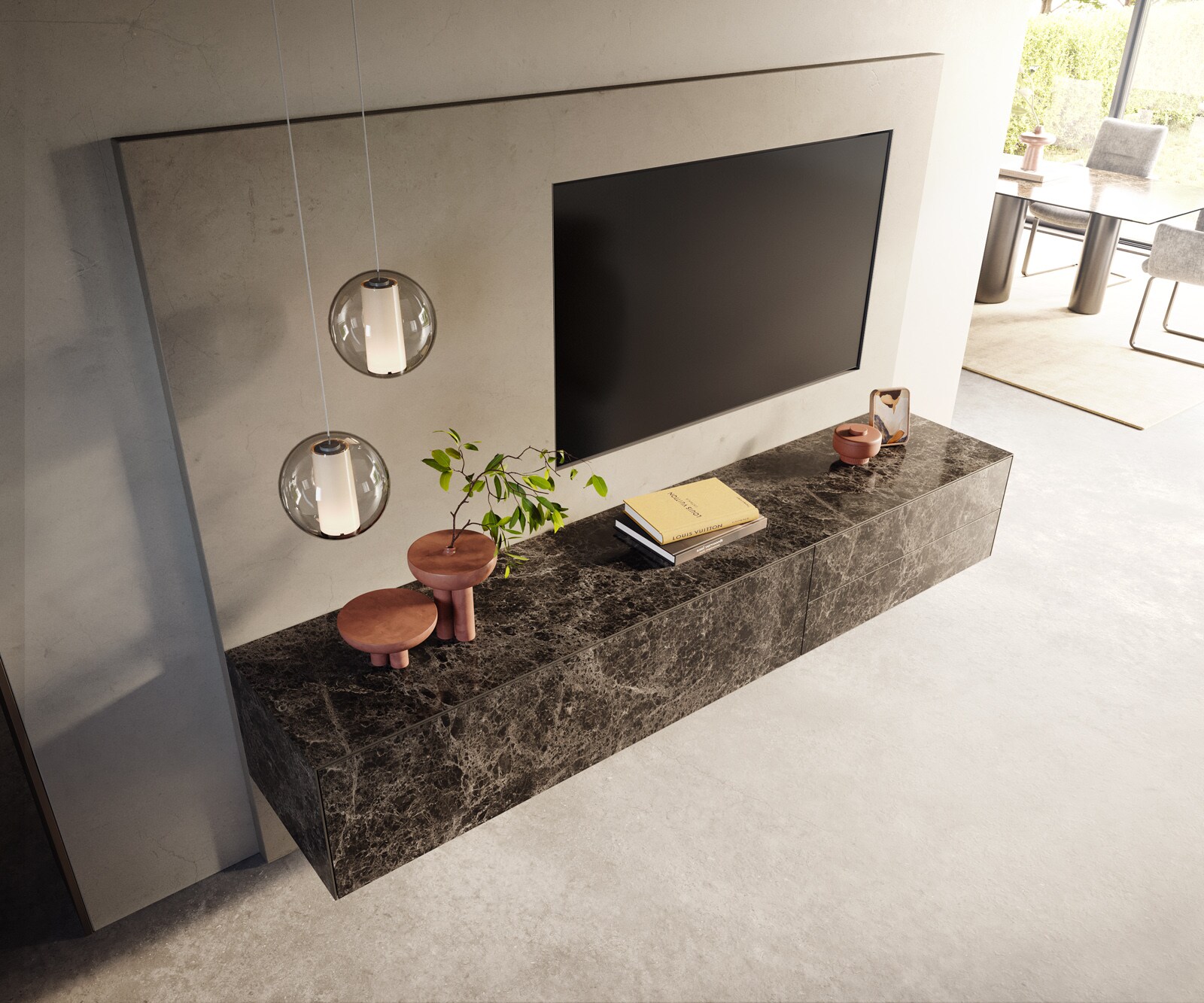 Meuble-TV Cuor 220 cm Céramique Laminam® Emperador Extra Lucidato brun foncé 1 Clapet 2 Tiroirs Flottant 4