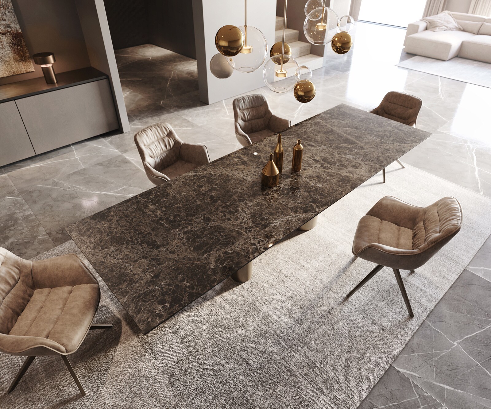 Table à manger Edge 300x100 Laminam® Emperador Extra Lucidato Marron foncé Pilier Métal finition à effet Titane 5
