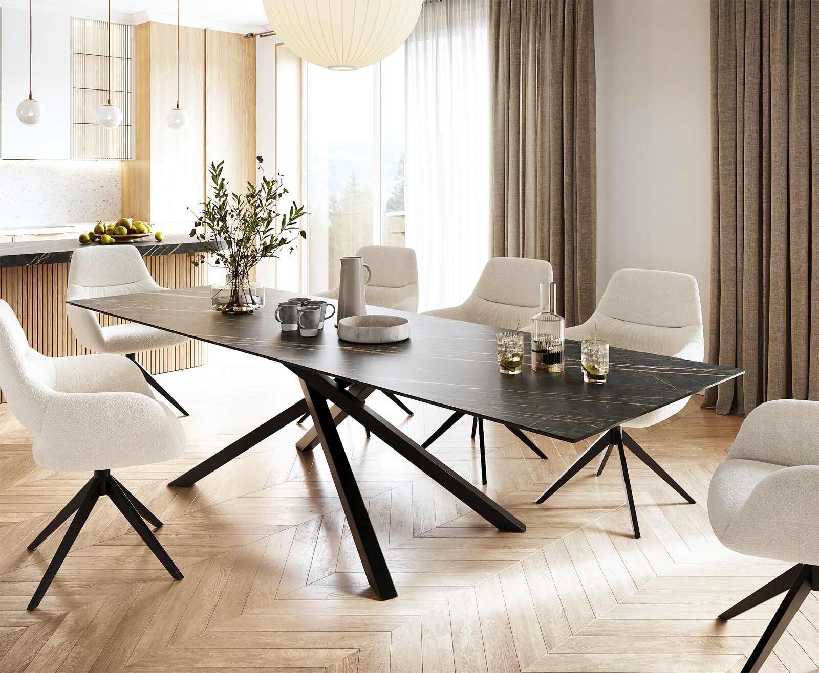 Table-à-manger Edge 300x100cm Laminam® céramique marron pieds milieu croisé noir 2