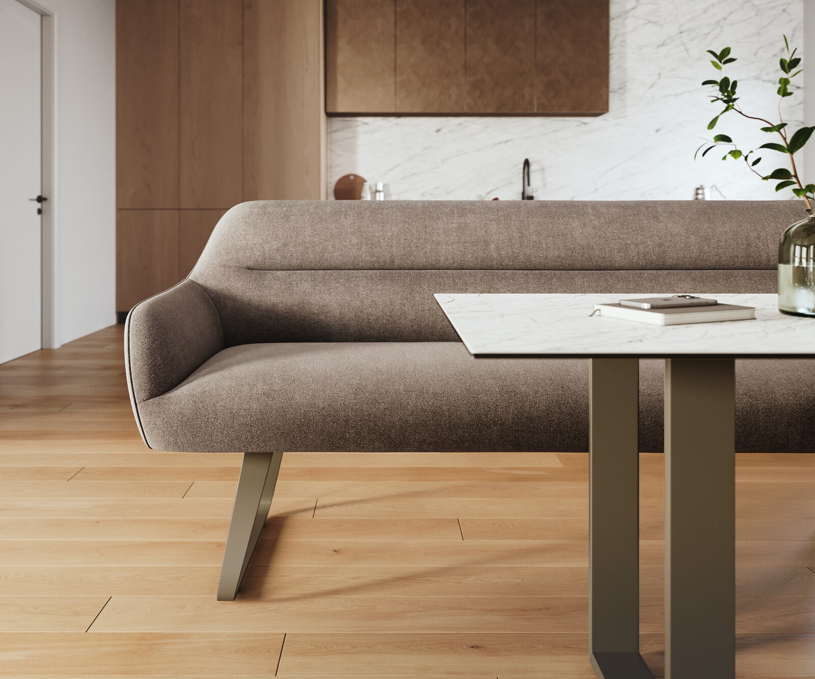 Banc-de-salle-à-manger Taya-Flex 200 cm tissu structuré doux taupe châssis à patins plat titane ressort ensaché 1