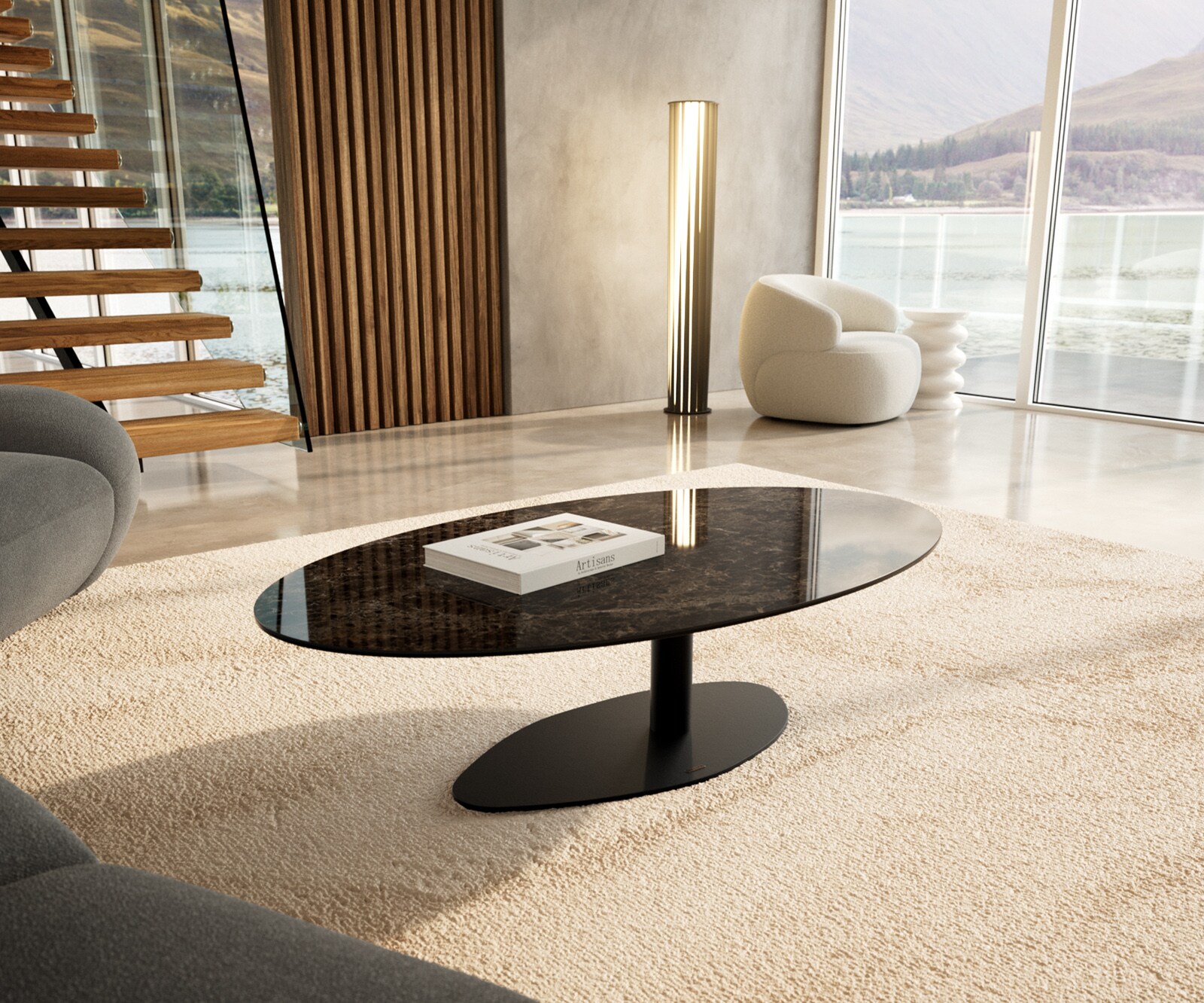 Table basse Edge Oval 140x80 cm céramique Laminam® Emperador Extra Lucidato brun foncé Vibany métal noir 1