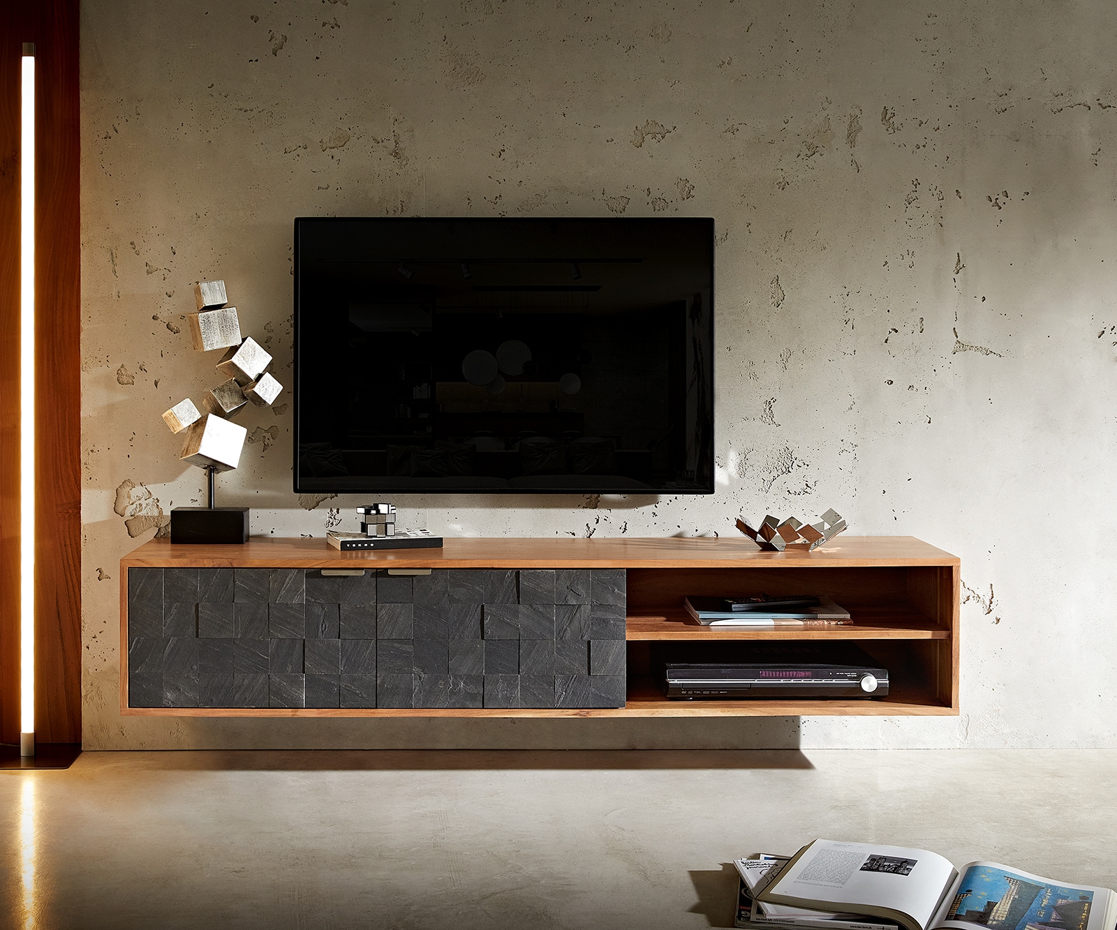 Meuble-TV Teele 160 cm acacia naturel ardoise 2 portes suspendues 1 Meuble-TV Teele 160 cm acacia naturel ardoise 2 portes suspendues 1