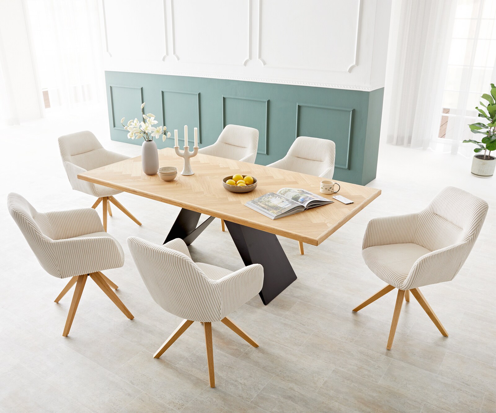 Chaise-de-salle-à-manger Pejo-Flex côtelé beige vintage pied en bois angulaire naturel ressorts ensachés 3
