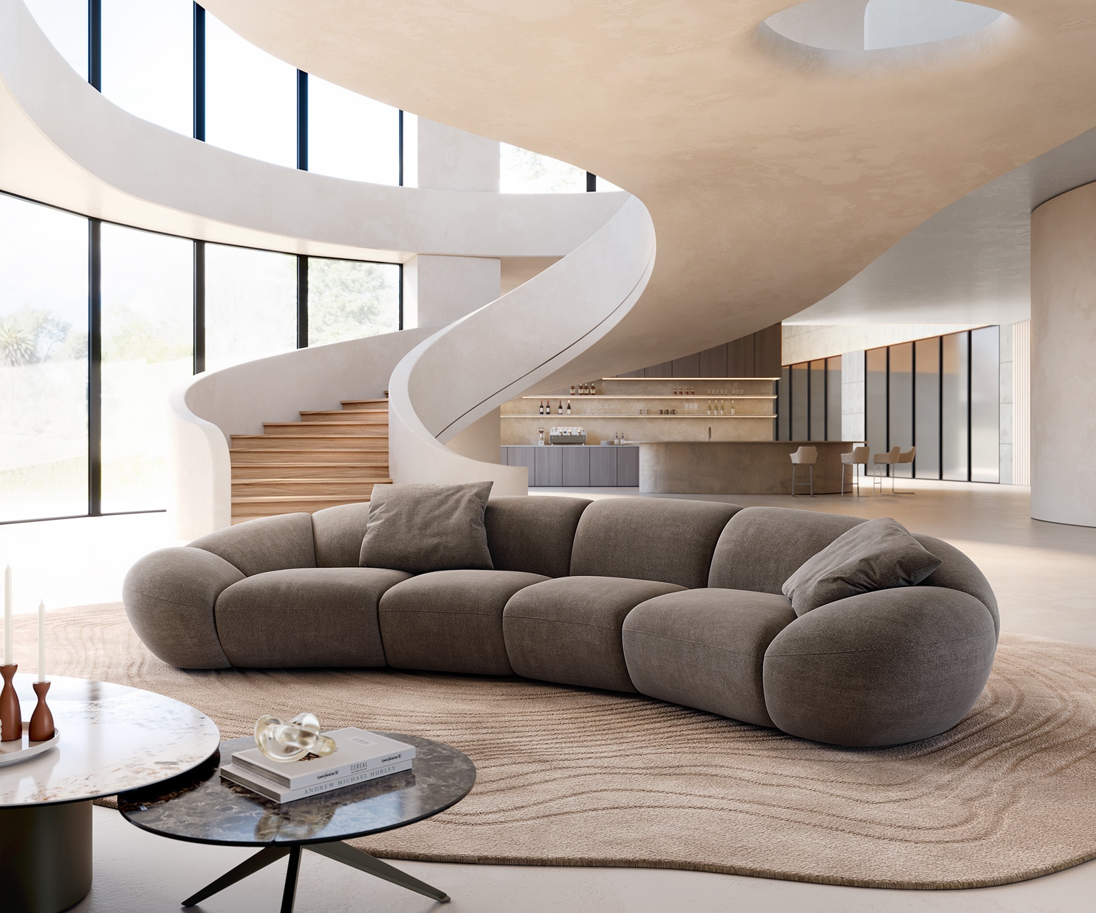 Grand canapé Lunna 360x175 cm Tissu structuré Soft Taupe 2 coussins 1 Grand canapé Lunna 360x175 cm Tissu structuré Soft Taupe 2 coussins 1