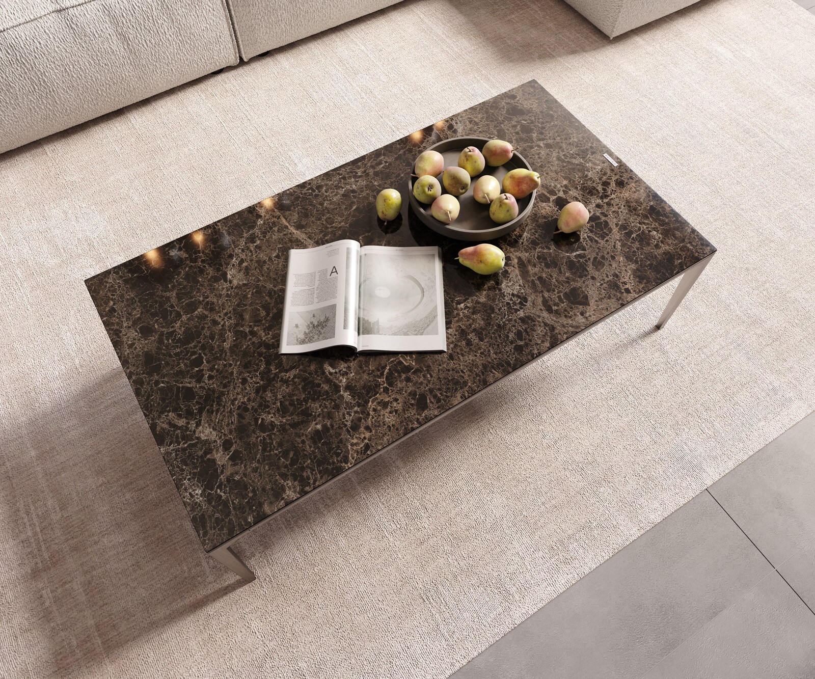 Table-basse Levente 110x60 cm Céramique Emperador Extra Lucidato Marron foncé Piétement inox Argent 4