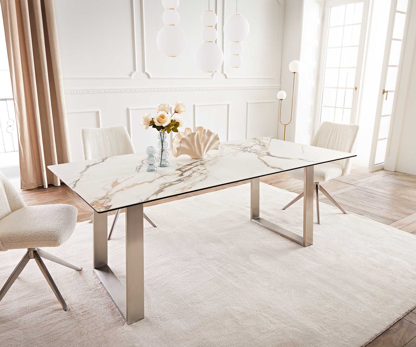 Table à manger Edge 200x100 céramique Calacatta Luxe blanc-doré-gris acier inoxydable mince 1