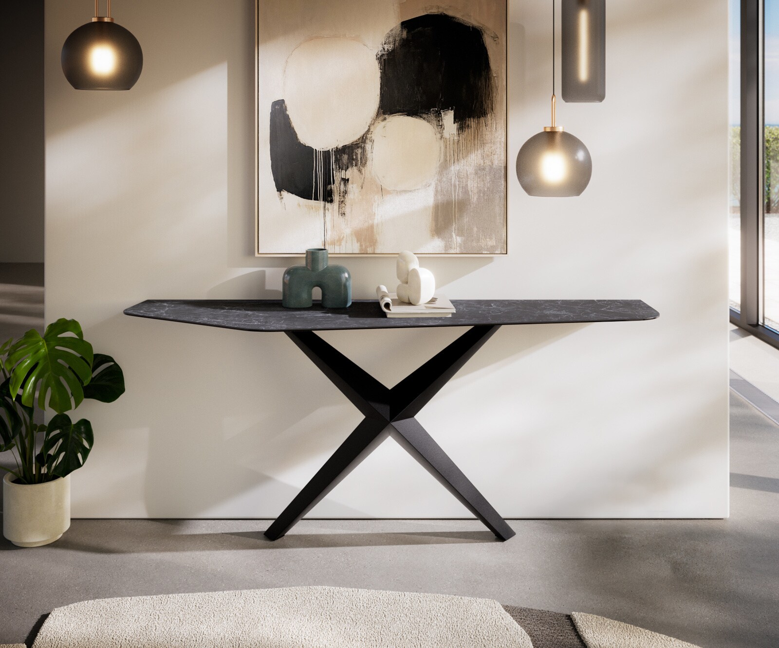 Console Edge Polygonal 180x50 cm Céramique Laminam® Nero Greco Anthrazit Zentharo Métal Noir 2