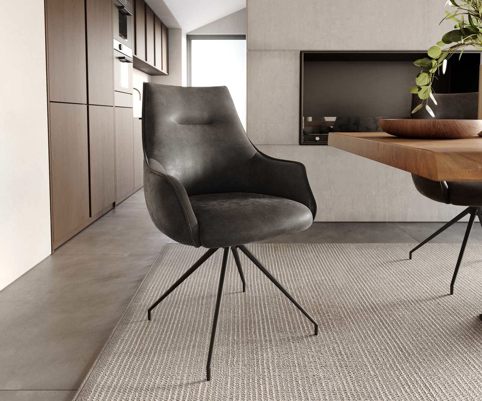 Chaise-pivotante Alja-Flex avec accoudoirs microvelours anthracite vintage pied croisé conique noir pivotement sur 180° ressorts ensachés