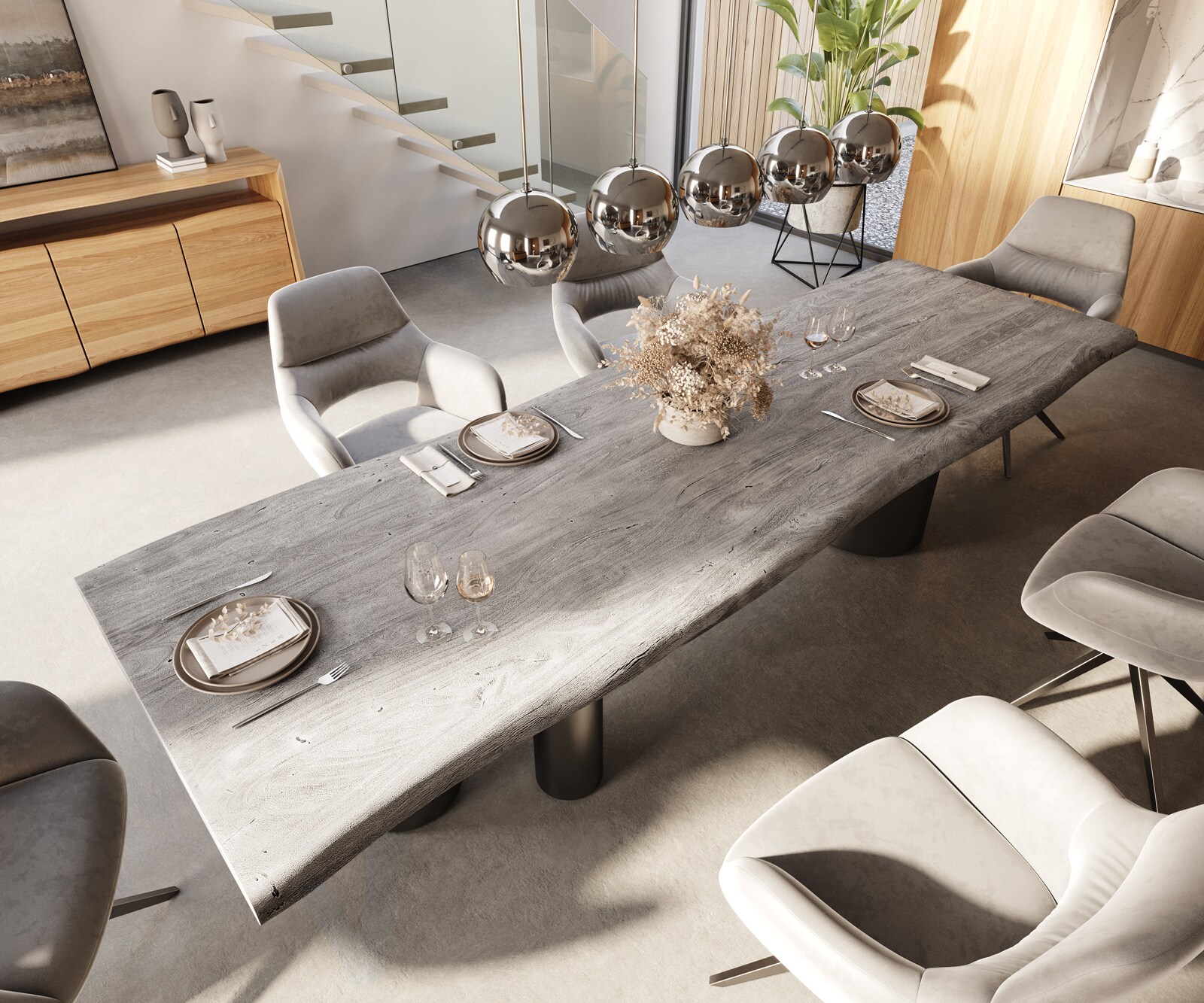 Table à manger Edge 300x100 XL Acacia Platine Troa Acier inoxydable Graphite Live-Edge 3