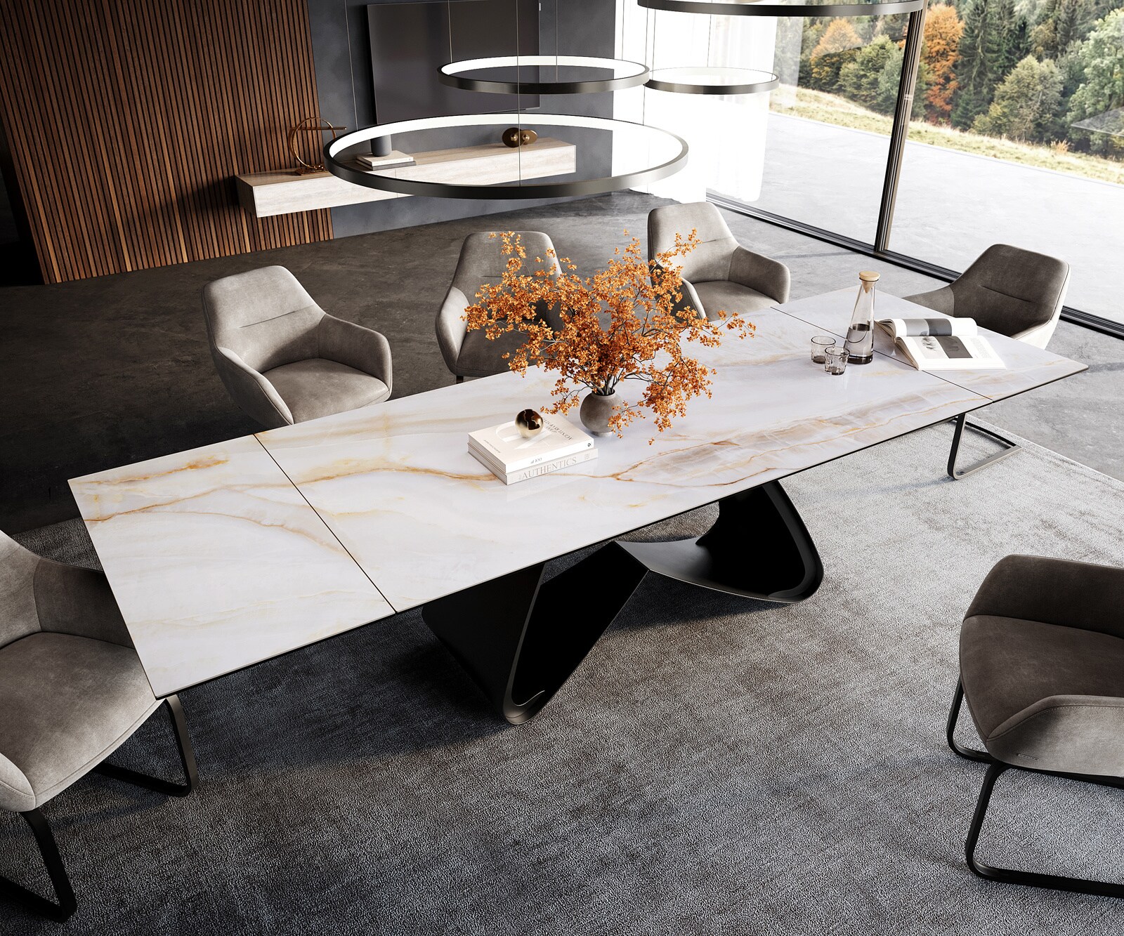Table à manger extensible Edge 200-300x100 cm céramique Onyx Pearl piètement en W métal noir 4