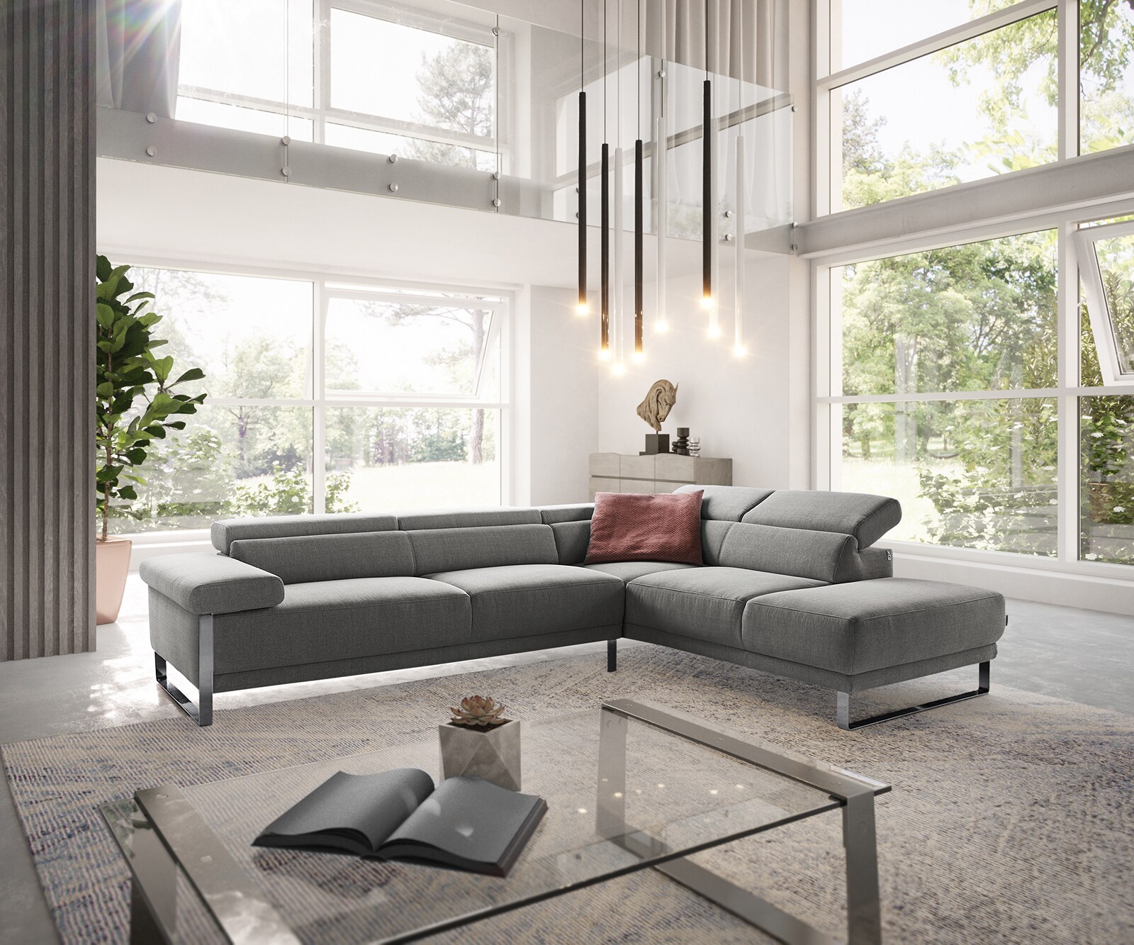 Canapé-d'angle Floyd 300x230 gris argenté ottoman droite réglage d'appui tête de W. Schillig