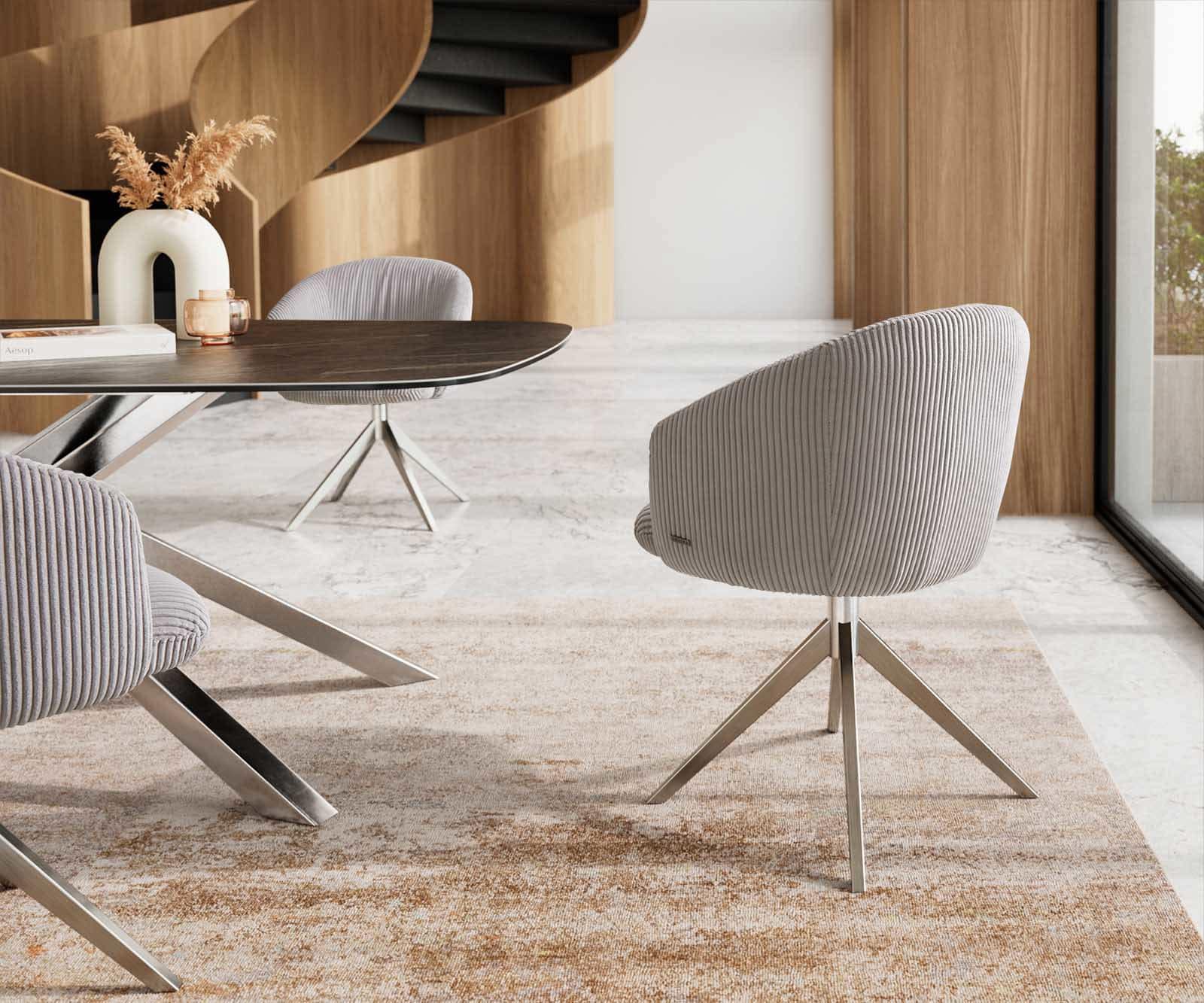 Chaise-pivotante Caja-Flex avec accoudoirs côtelé gris argenté pied croisé large acier inoxydable brossé pivotement sur 360° ressorts ensachés 4 Chaise-pivotante Caja-Flex avec accoudoirs côtelé gris argenté pied croisé large acier inoxydable brossé pivotement sur 360° ressorts ensachés 4