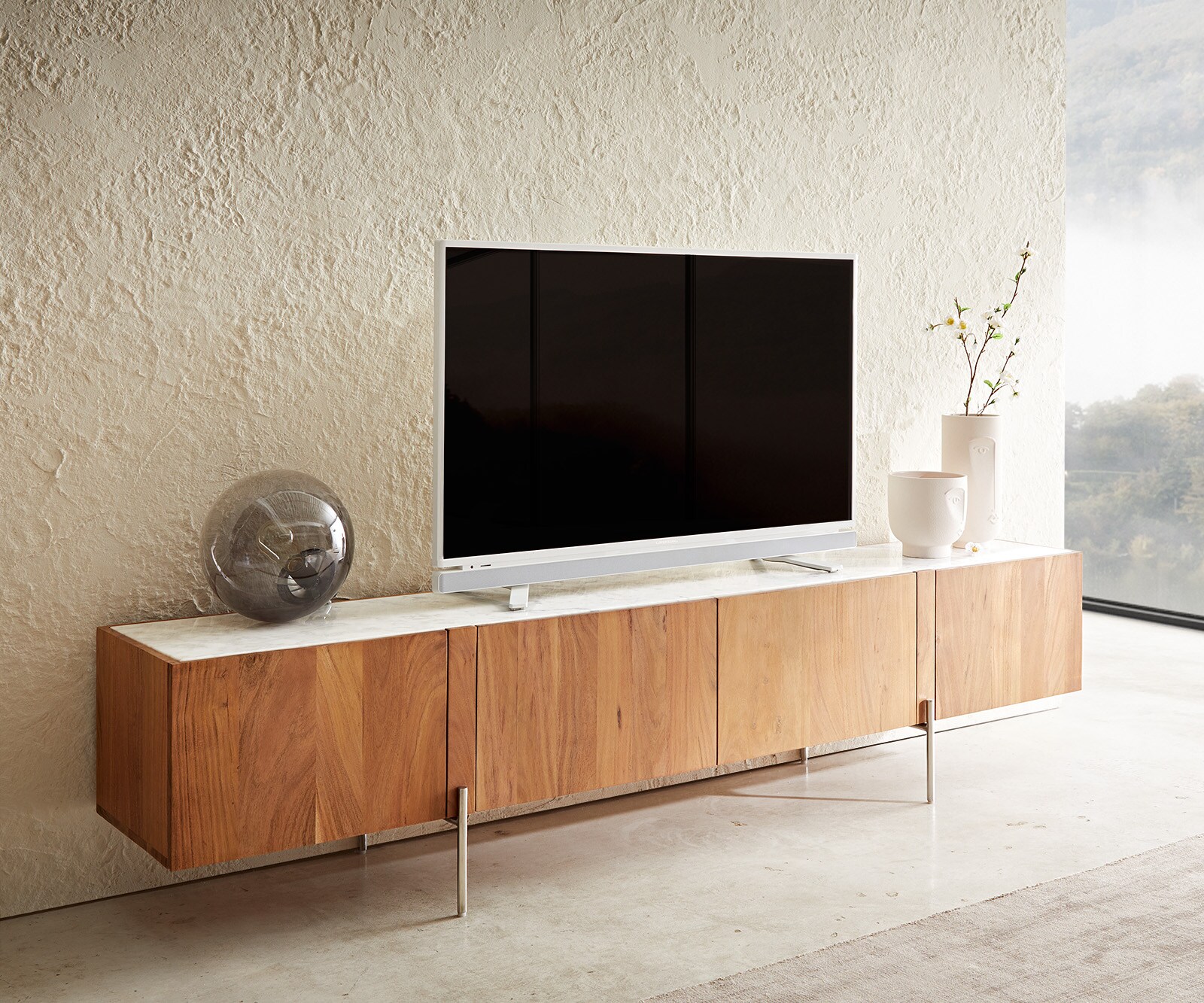 Meuble-TV Secara 200 cm acacia naturel 4 portes marbre pieds inoxydable 6