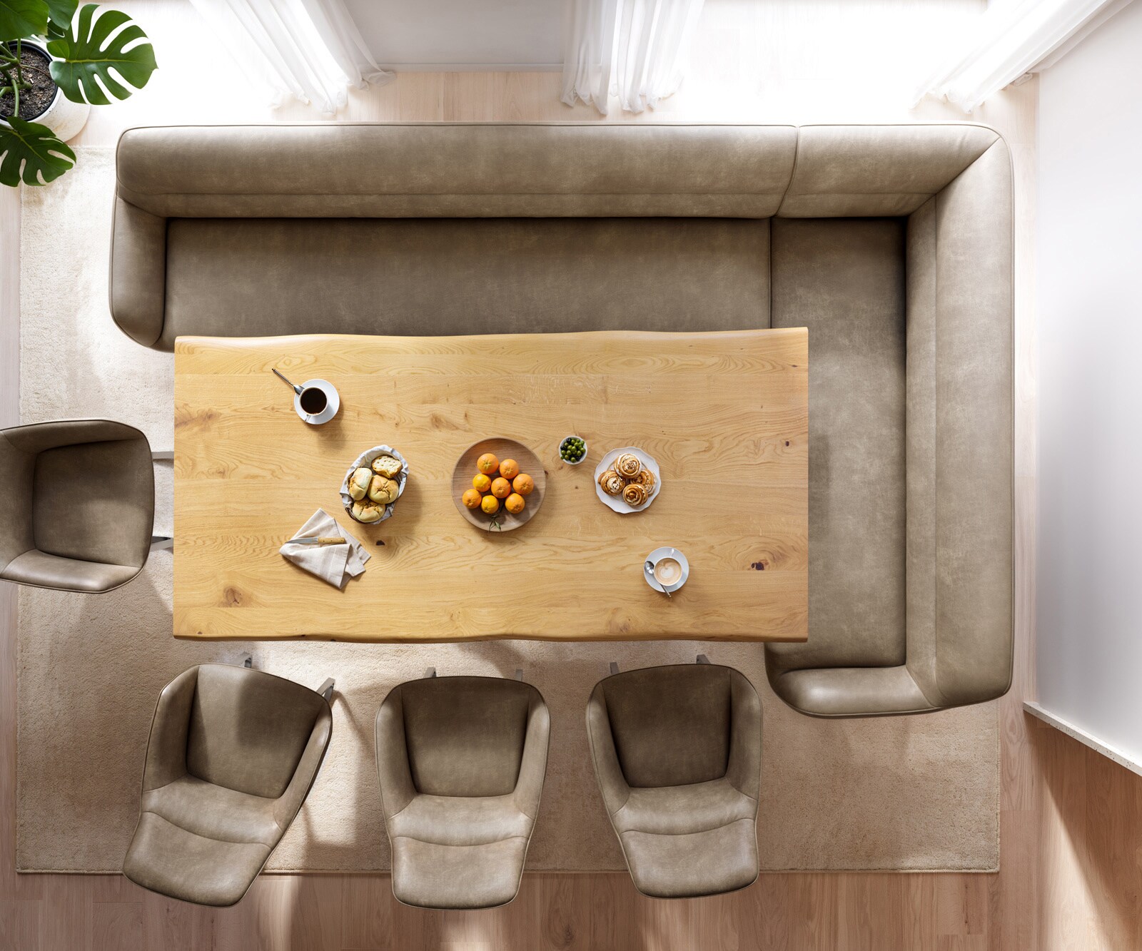 Banc-de-salle-à-manger Taya-Flex 285x190 cm microfibre beige vintage piètement à patins angulaire acier inoxydable ressort ensaché liens 5