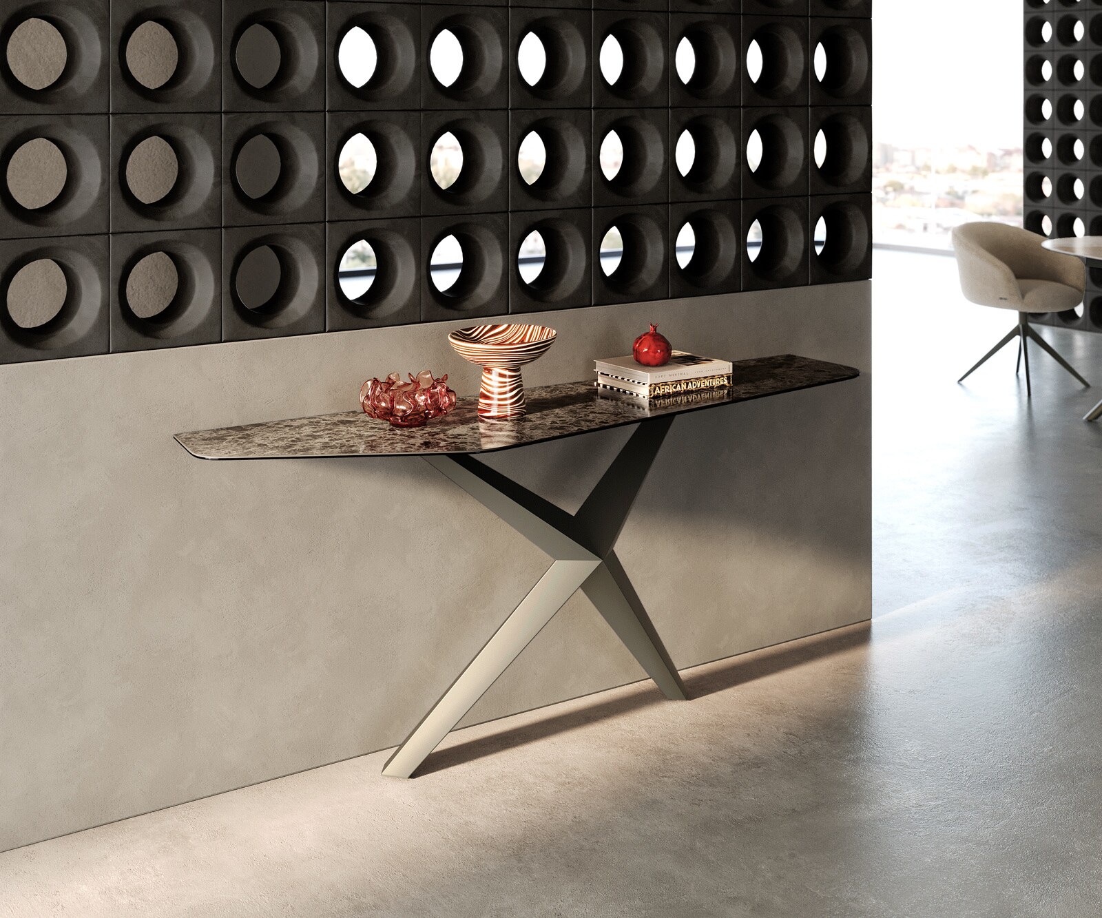 Console Edge Polygonal 180x50 cm Céramique Emperador Extra Lucidato Dunkelbraun Zentharo Métal Effektfinish Titan 1