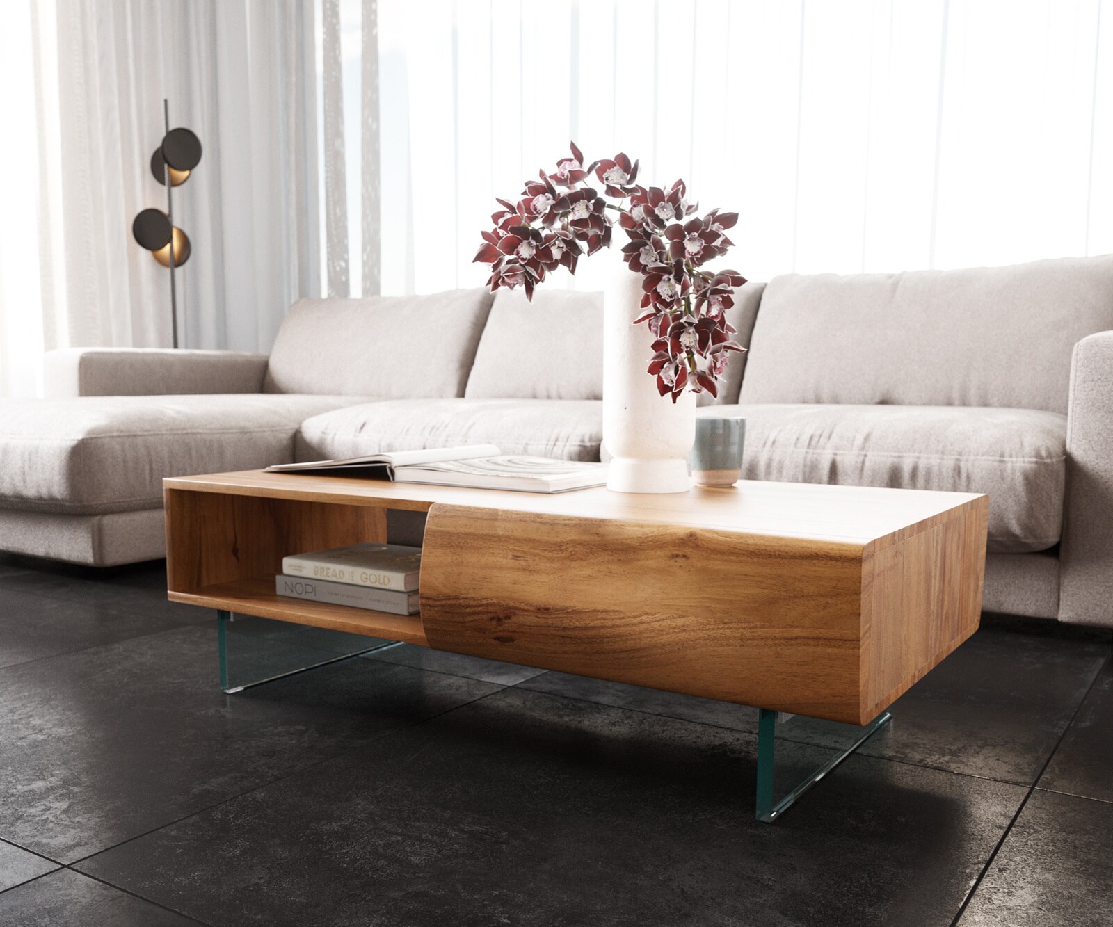 Table basse New Live-Edge 115x60 cm acacia naturel 2 tiroirs 1 compartiment pieds en verre  1