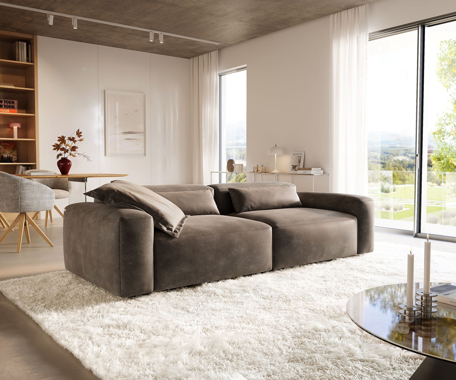 Bigsofa Freestyle 280x110 cm Tissu microfibre Taupe Vintage couture plate 1