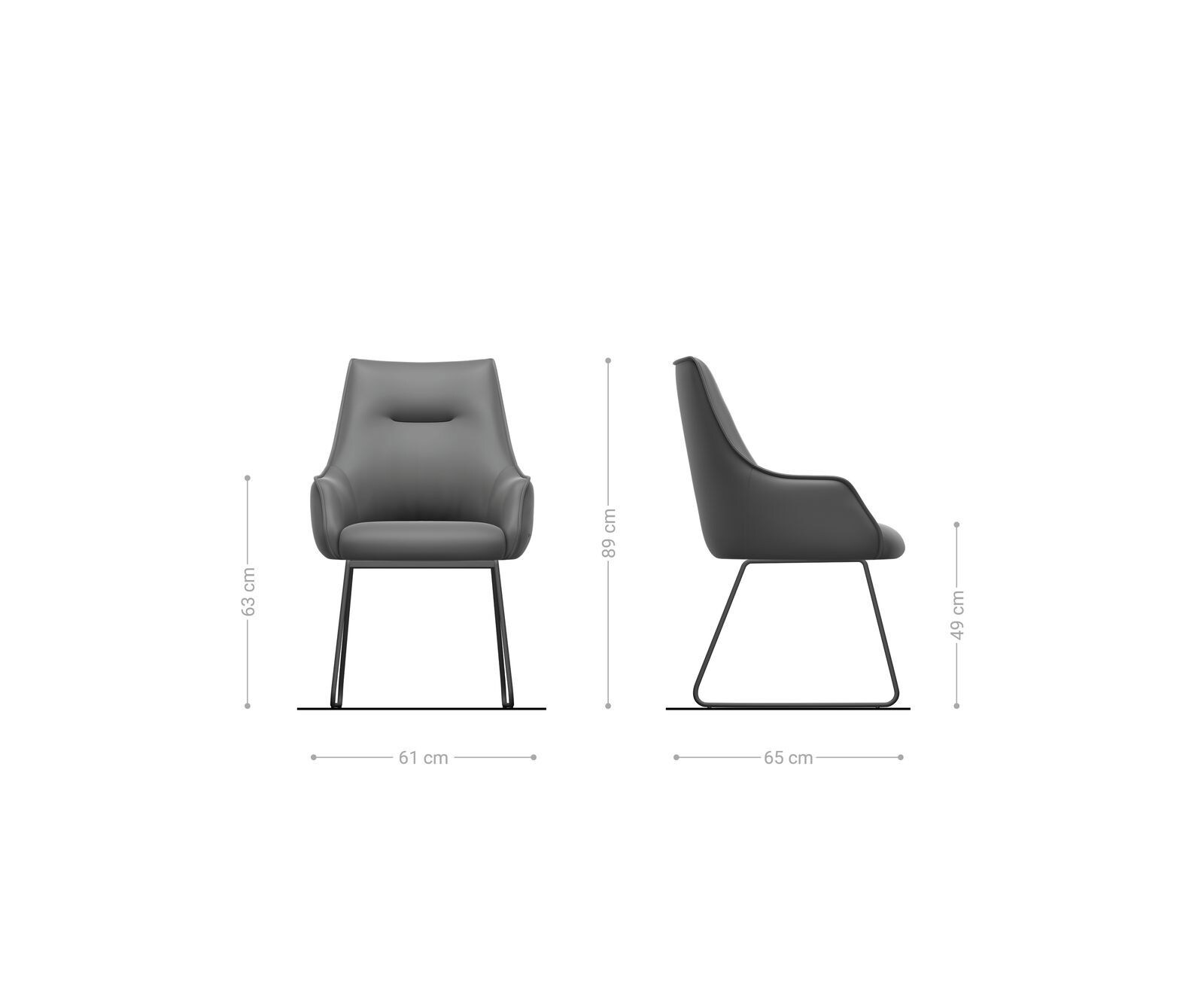 Chaise-de-salle-à-manger Alja-Flex avec accoudoirs cuir de vache noir pied trapèze acier inoxydable brossé ressorts ensachés 6