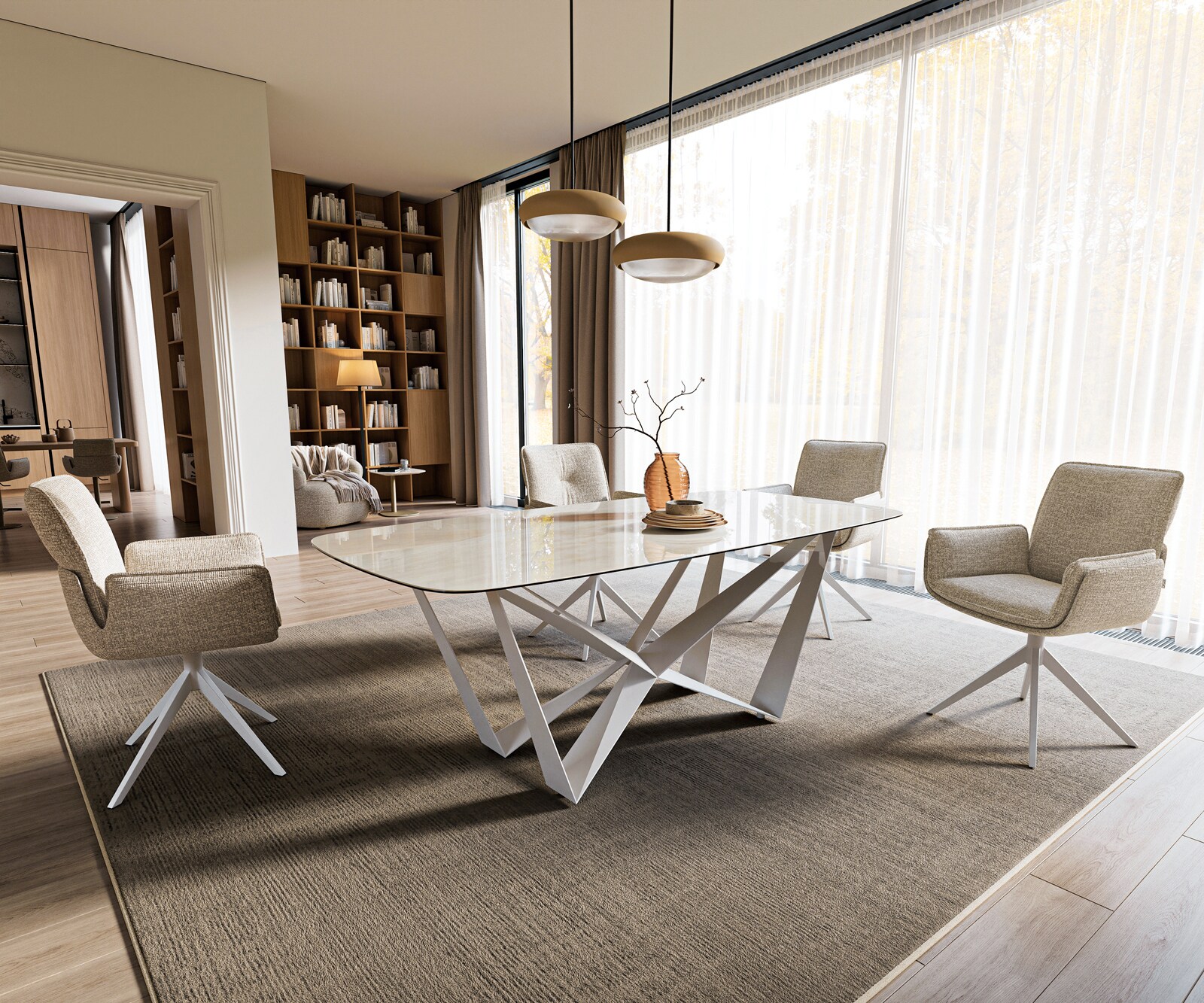 Table à manger Edge bateau 200x100 cm céramique Onyx Champagne Spider métal blanc 7