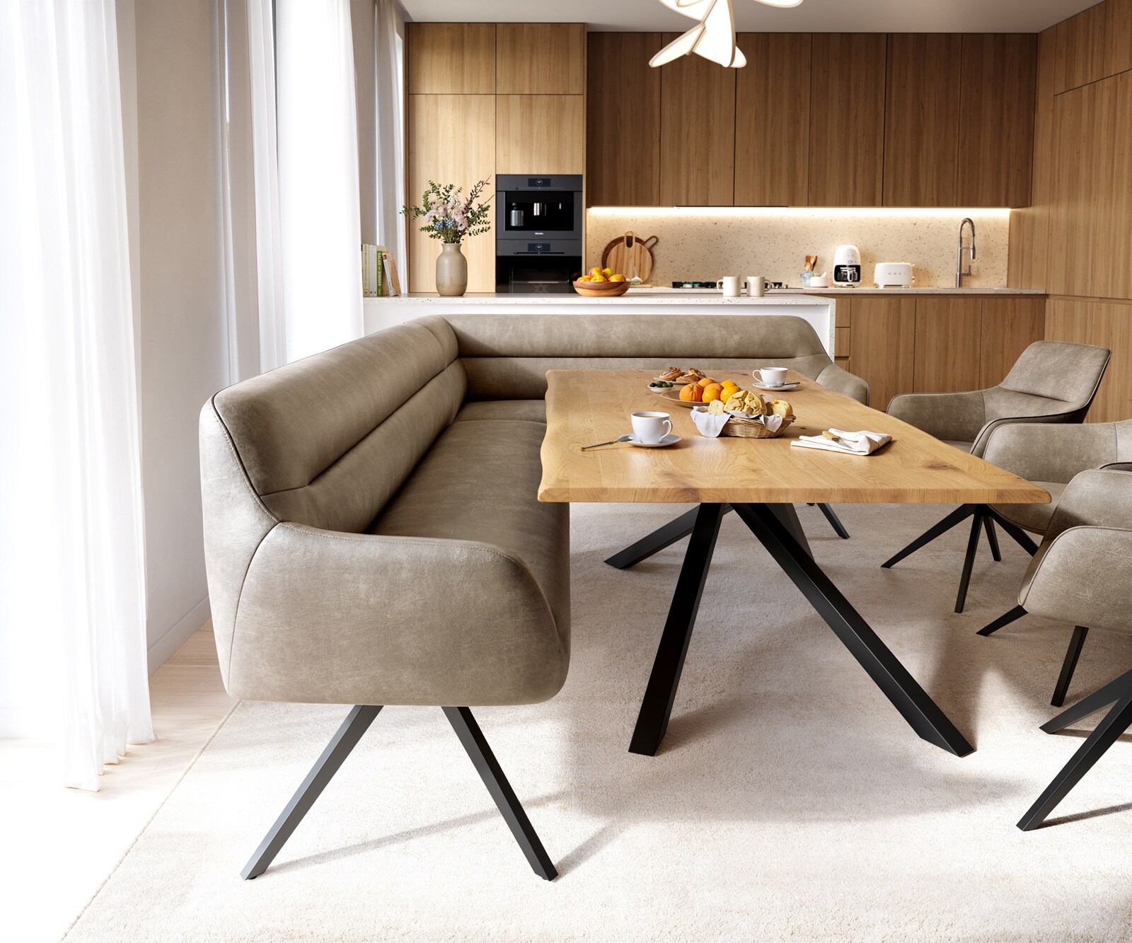 Banc-de-salle-à-manger Taya-Flex 285x190 cm microfibre beige vintage pied croisé angulaire noir ressort ensaché liens 2