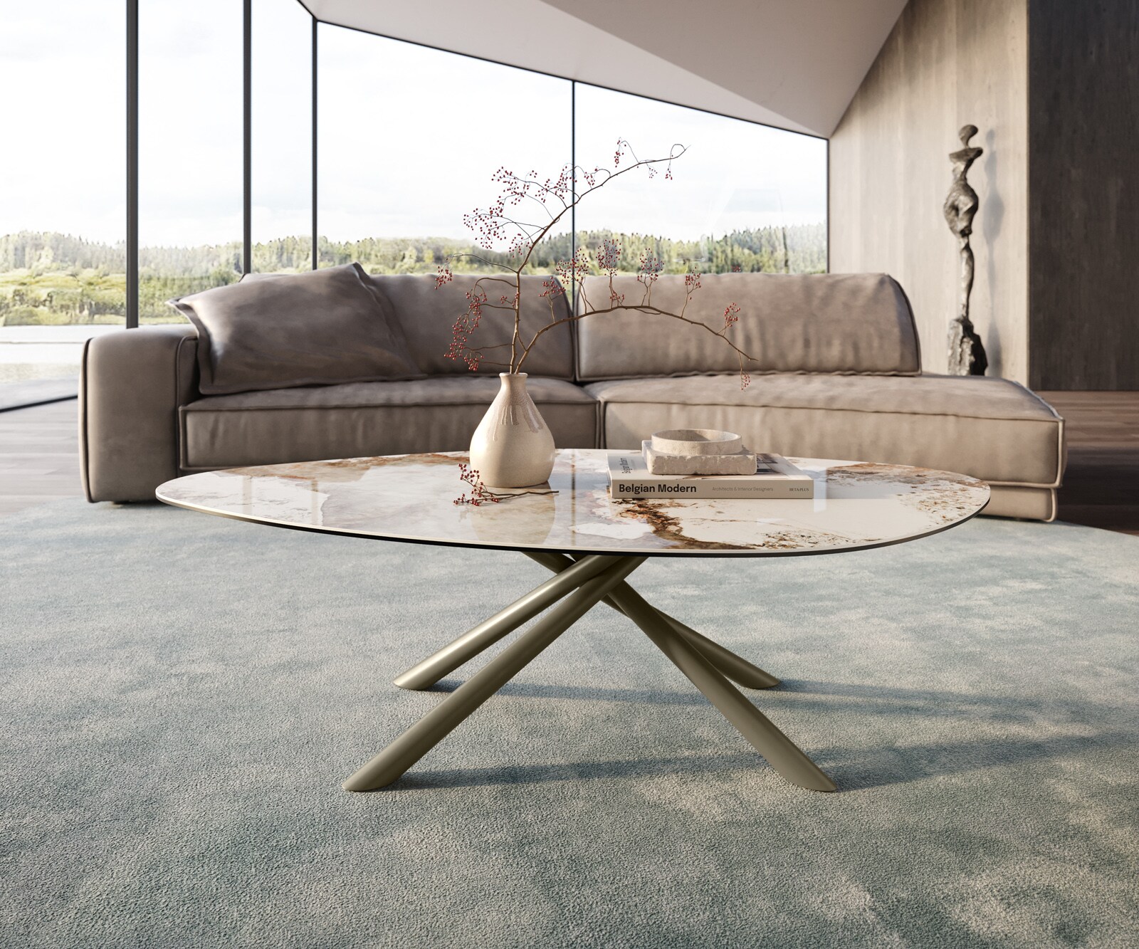 Table basse Edge Organique 140x76 cm céramique Minas Melange Sarity Metall finition effet titane 2