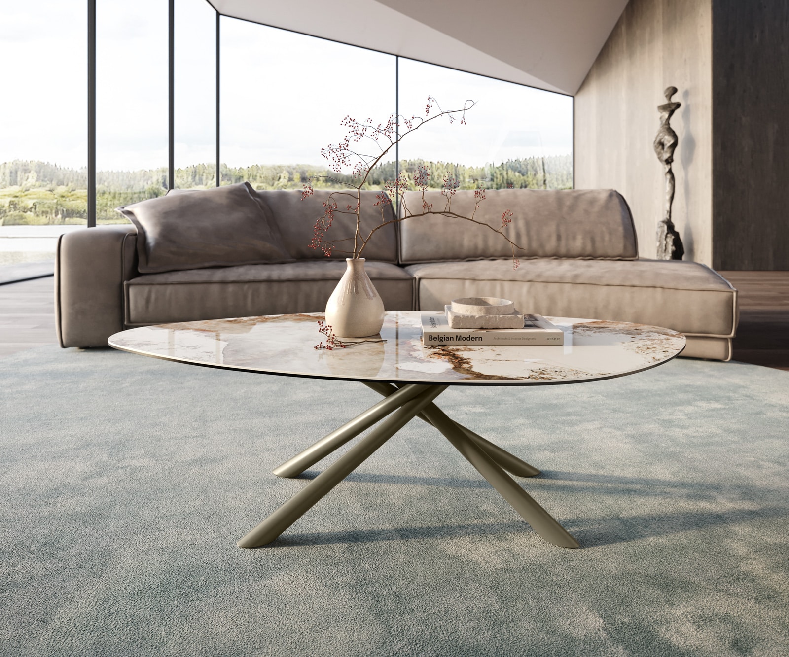 Table basse Edge Organique 140x76 cm céramique Minas Melange Sarity Metall finition effet titane 1