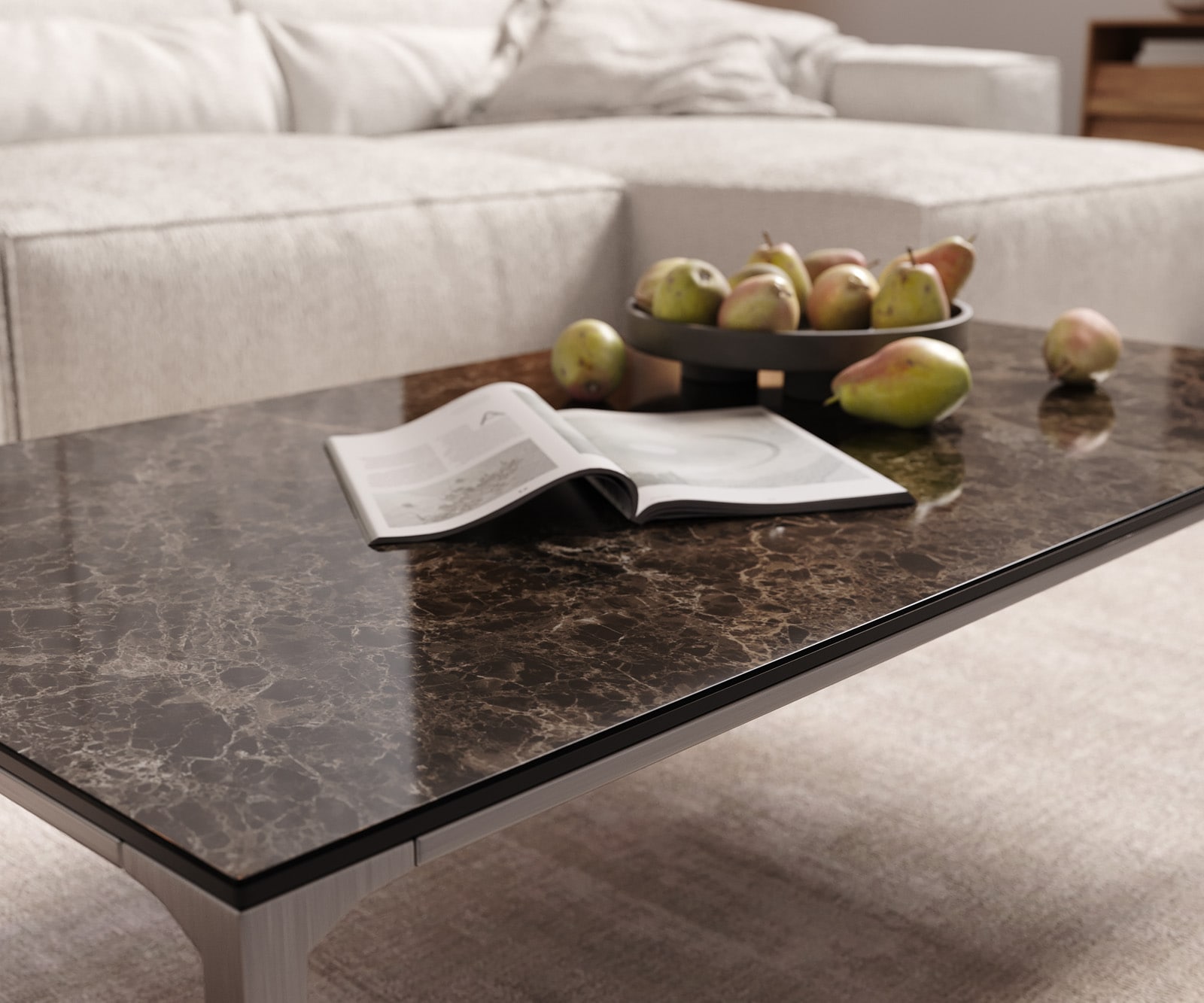 Table-basse Levente 110x60 cm Céramique Laminam®Emperador Extra Lucidato Marron foncé Piétement inox Argent 4 Table-basse Levente 110x60 cm Céramique Laminam®Emperador Extra Lucidato Marron foncé Piétement inox Argent 4