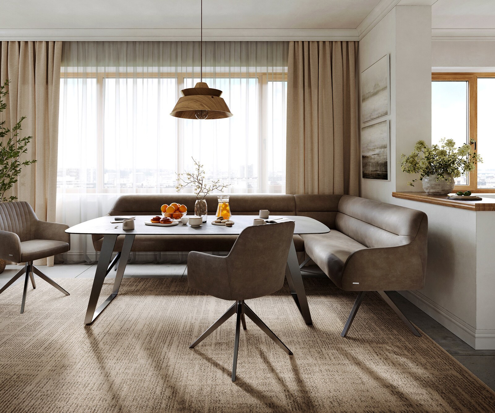 Banc-de-salle-à-manger Taya-Flex 285x190 cm microfibre taupe vintage pied croisé angulaire grafiete ressort ensaché liens 2