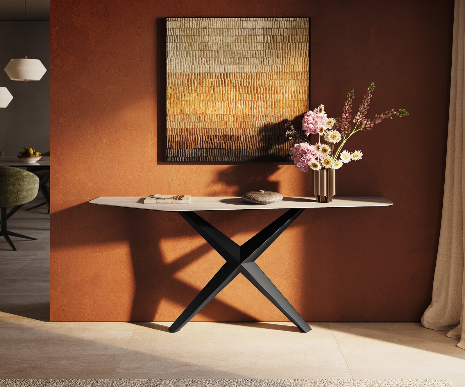 Console Edge Polygonal 180x50 cm Céramique Laminam® Travertino Bianco Creme-Weiß Zentharo Métal Noir