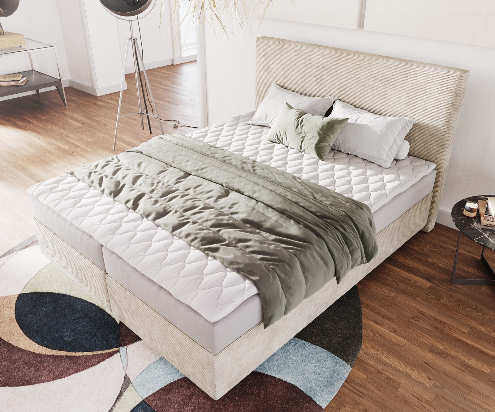 Lit-à-sommier-tapissier Dream-Well 160x200 cm Velours côtelé Beige avec matelas et surmatelas 3