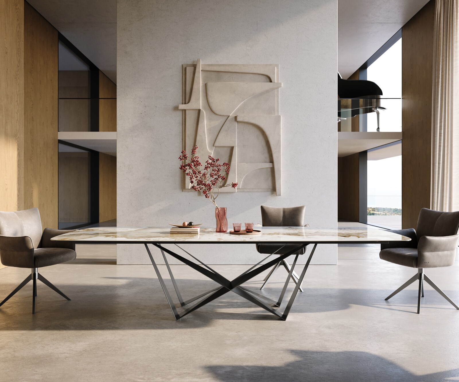 Table à manger Edge Boot 300x120 cm Céramique Minas Melange Blanc-Beige Spider Flachstahl Acier inoxydable Graphite 2