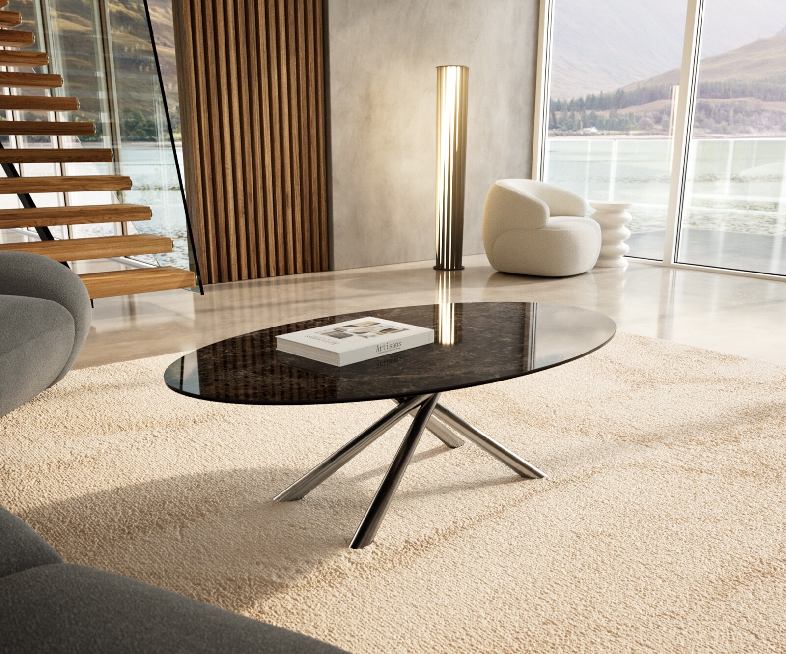 Table basse Edge Oval 140x80 cm céramique Laminam® Emperador Extra Lucidato brun foncé Sarity acier inoxydable brossé